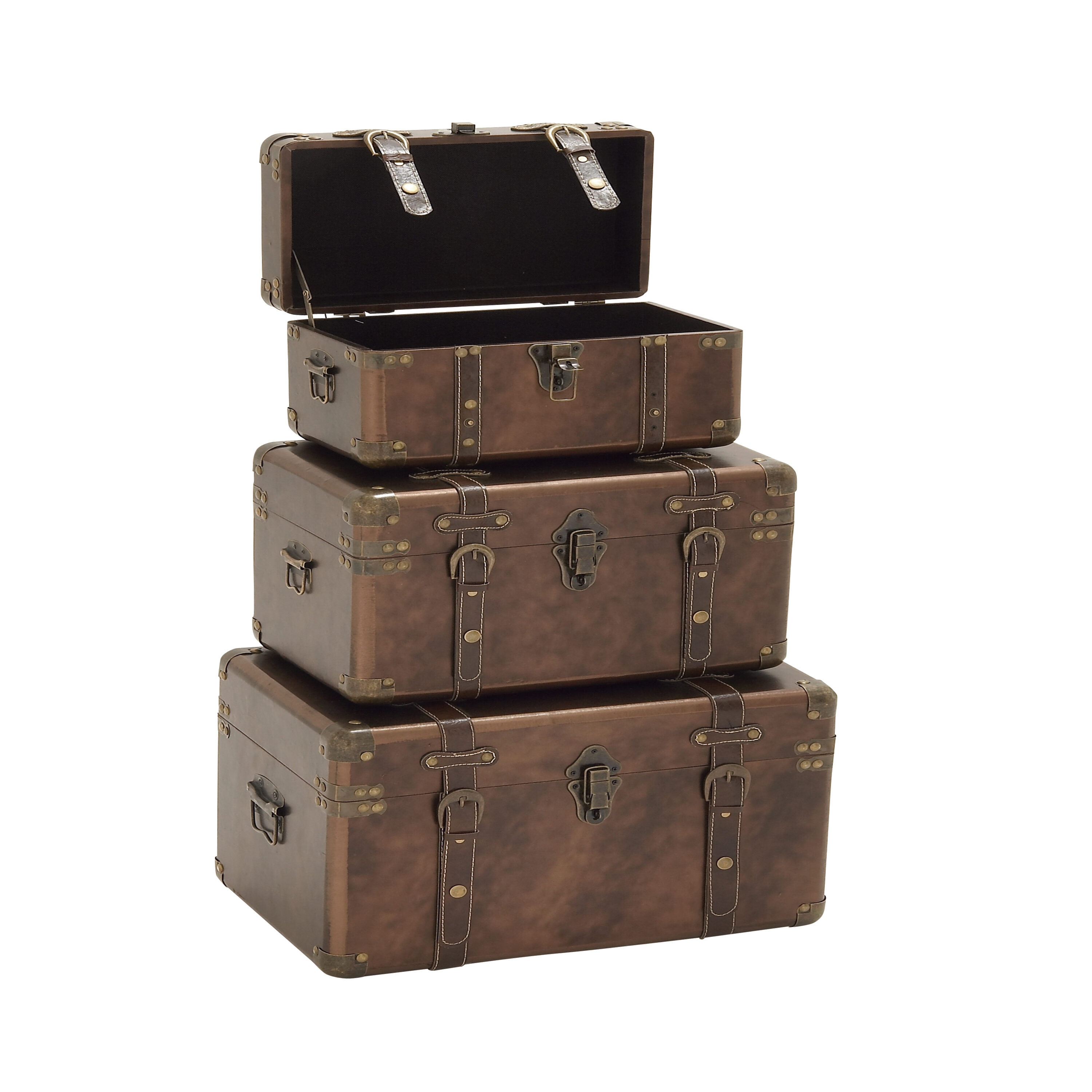 Brown Leather Rectangular Storage Trunk Set with Vintage Accents, 3-Pieces
