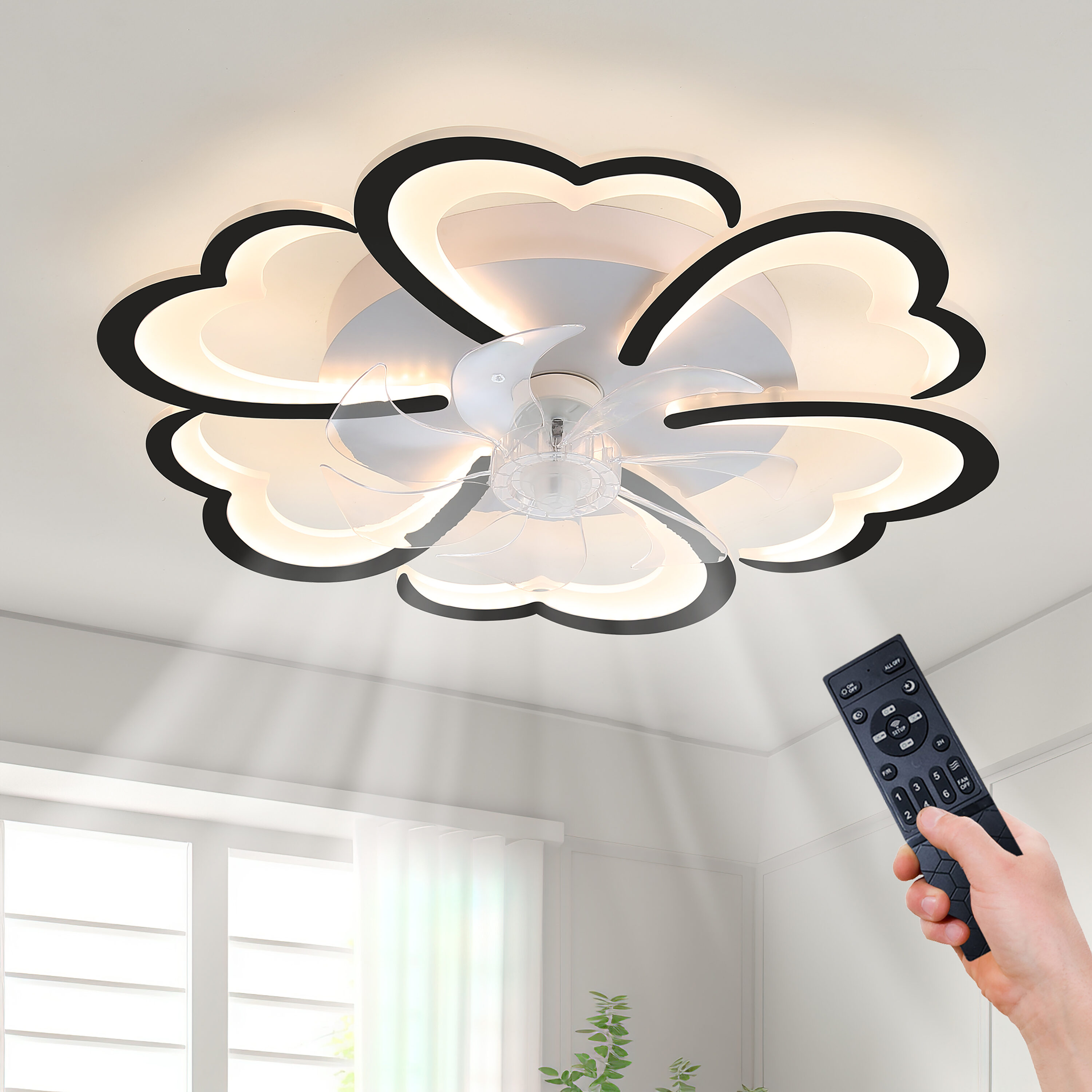 Cusp Barn Chaffin 26.7-in Black with White Blades Color-Changing Flush Mount Smart Bladeless Ceiling Fan With Light and Remote Control Included 7 -Blade