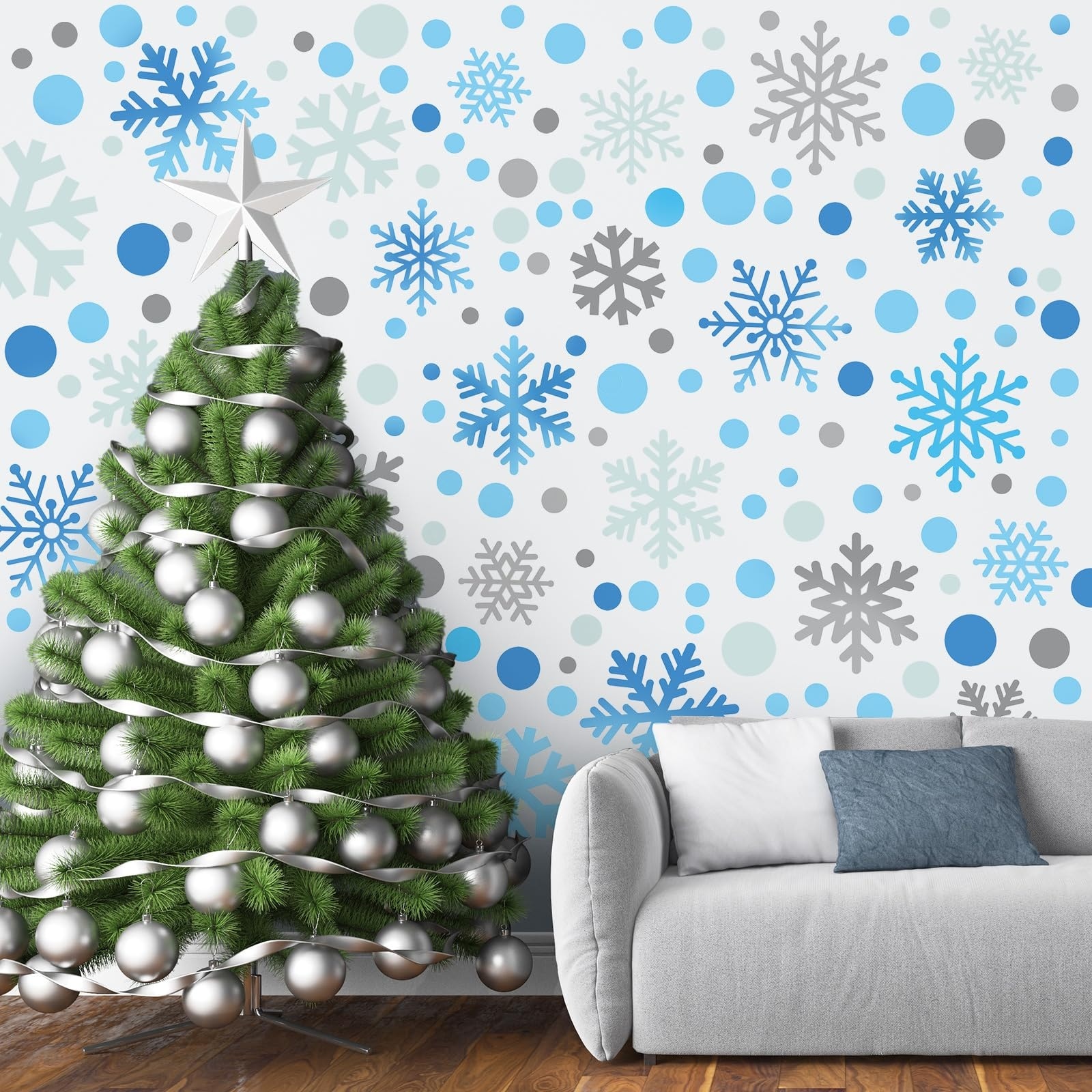 LAIFUCAM  200 pcs Christmas Snowflake Wall Decals 10 Sheet Blue Gray White Removable Vinyl Window Clings Winter Holiday Party Craft Decor