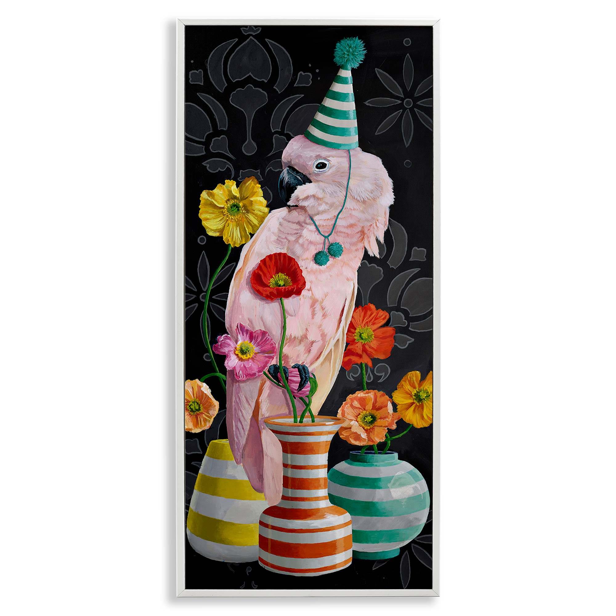 Stupell Industries BS-992-WFR-10X24 Cockatoo and Striped Vases White Framed Giclee Art By Heather Gauthier 10 x 24