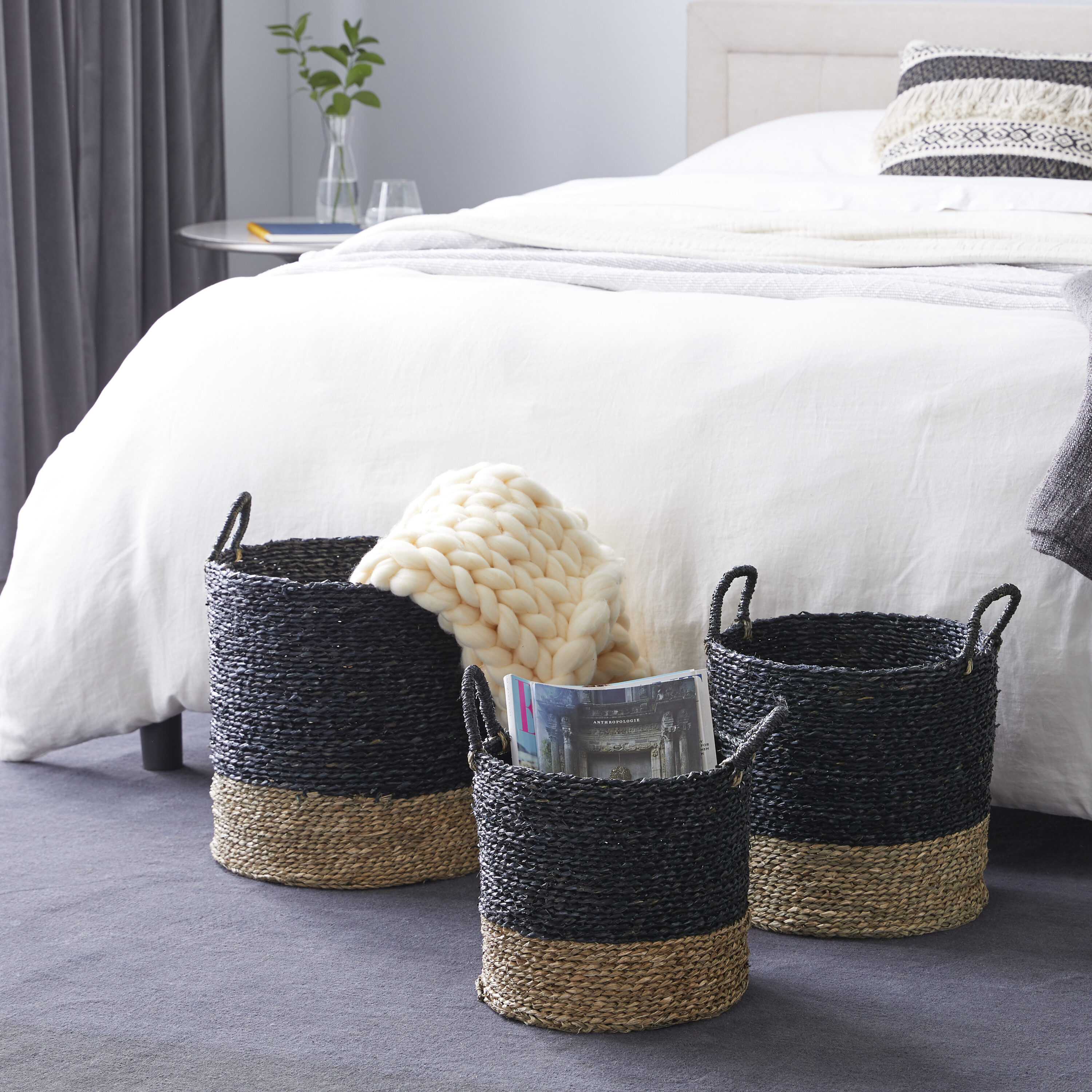 Grayson Lane 84463 3 -Pack ( 17-in W x 17-in H x 15.45-in D ) Black Handmade Two Toned with Handles Sea grass Basket