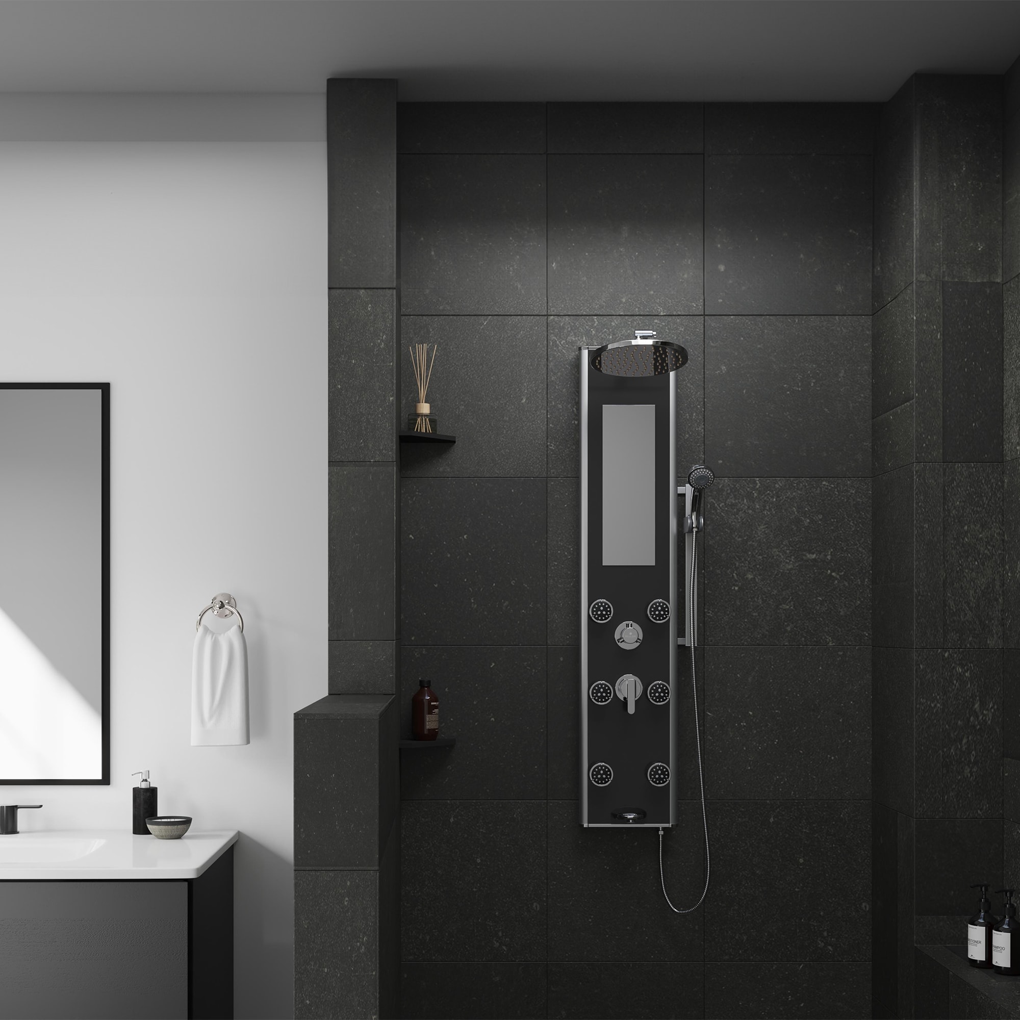 Black Tempered Glass Shower Panel with Dual Shower Heads