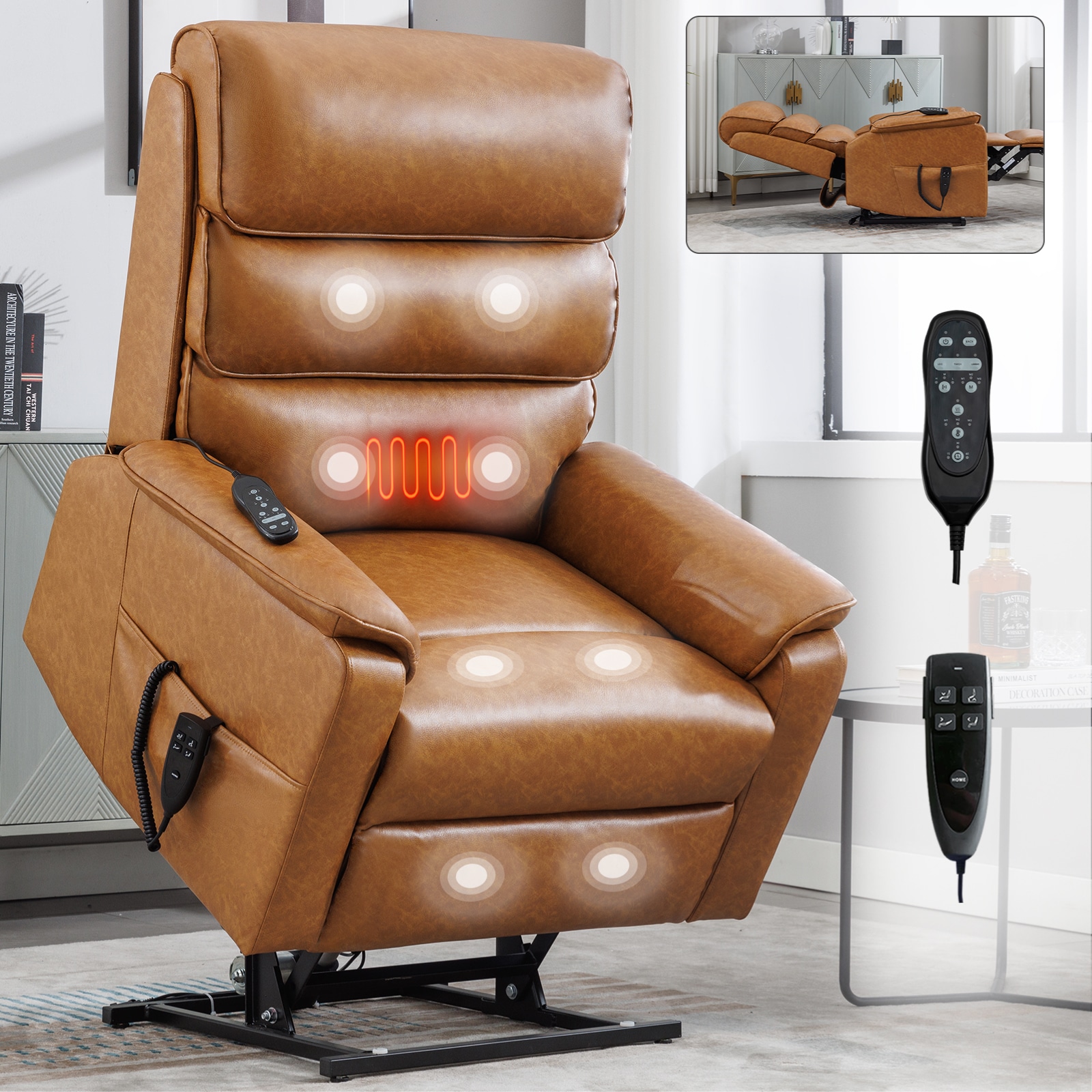 Mondawe MO-CO80061 Yellow-Brown Faux leather Upholstered Powered Reclining Massage chair with Lift Assistance
