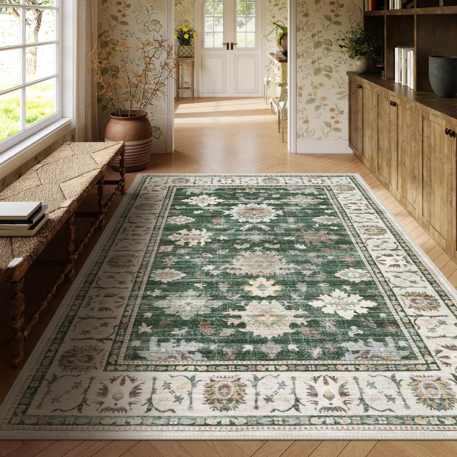 Lahome -  Vintage Floral Collection 5x7 ft Polyester Area Rug Green Rectangle Indoor Distressed M...