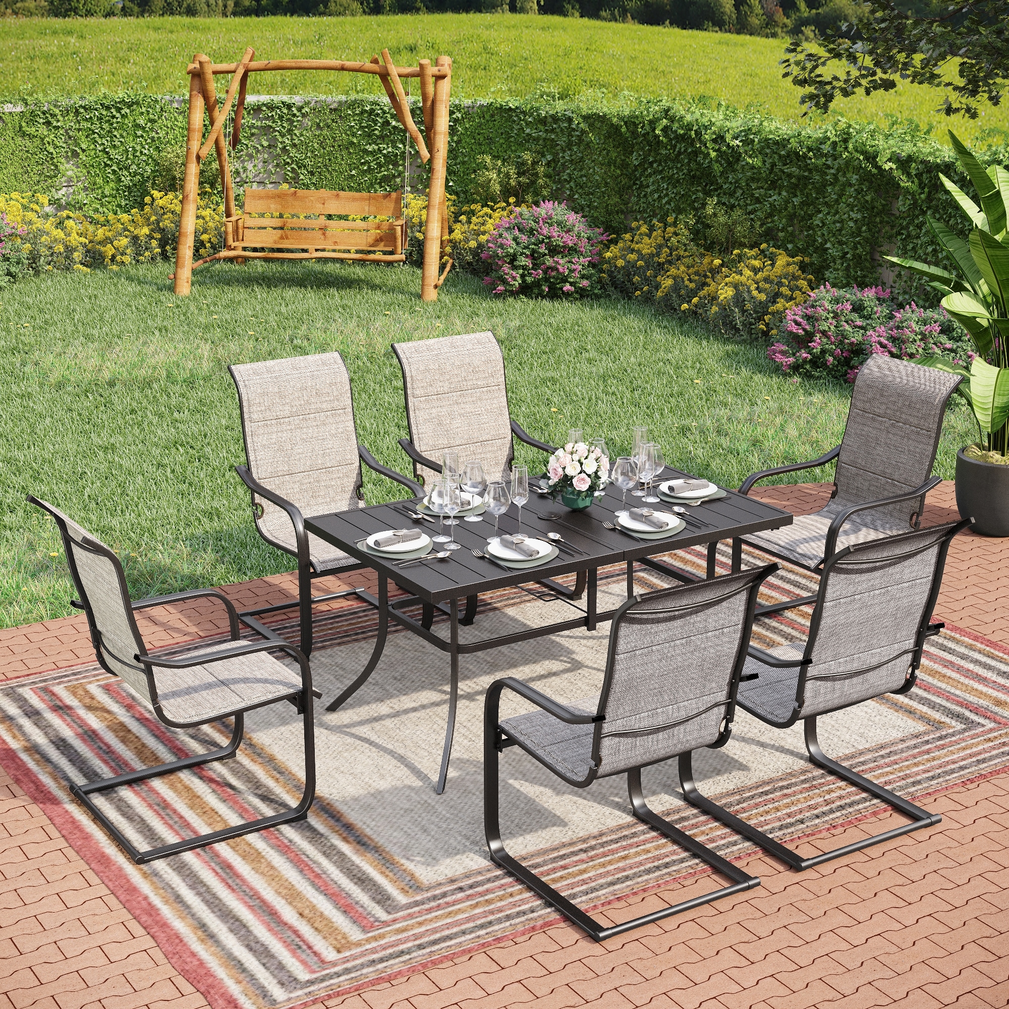 Sunshine Valley TC7-PV326-118-N Outdoor Table and Chairs 7 -Piece Black Patio Dining Set Steel Rectangle Table with 6 Gray C-spring Chairs