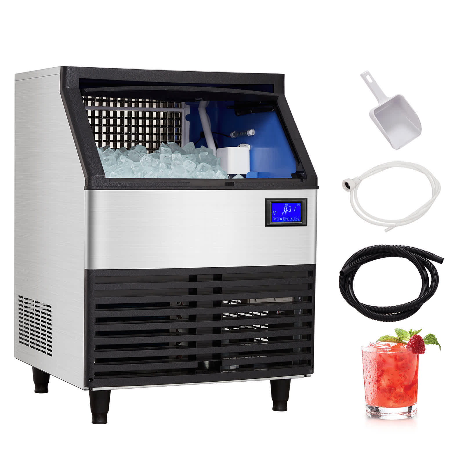 Qeetex CJ-PHO-108GXWOZ Commercial Ice Maker Machine 176 LBS 24H Stainless Steel Under Counter Ice Machine with 99lbs  Ice Storage Capacity LCD Screen Display Freestanding Commercial Ice Maker