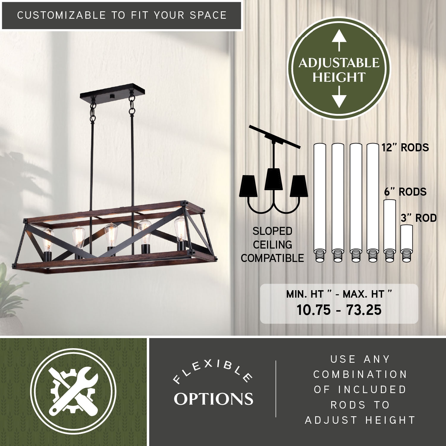 Matte Black and Sycamore Wood Cage Linear Chandelier