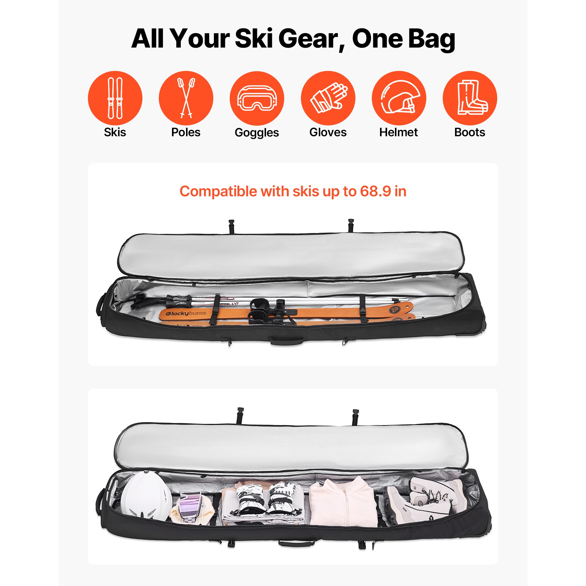 GIVIMO 74.8-in Ski Roller Bag Padded Snowboard Bag with 4-in PVC Wheels ...
