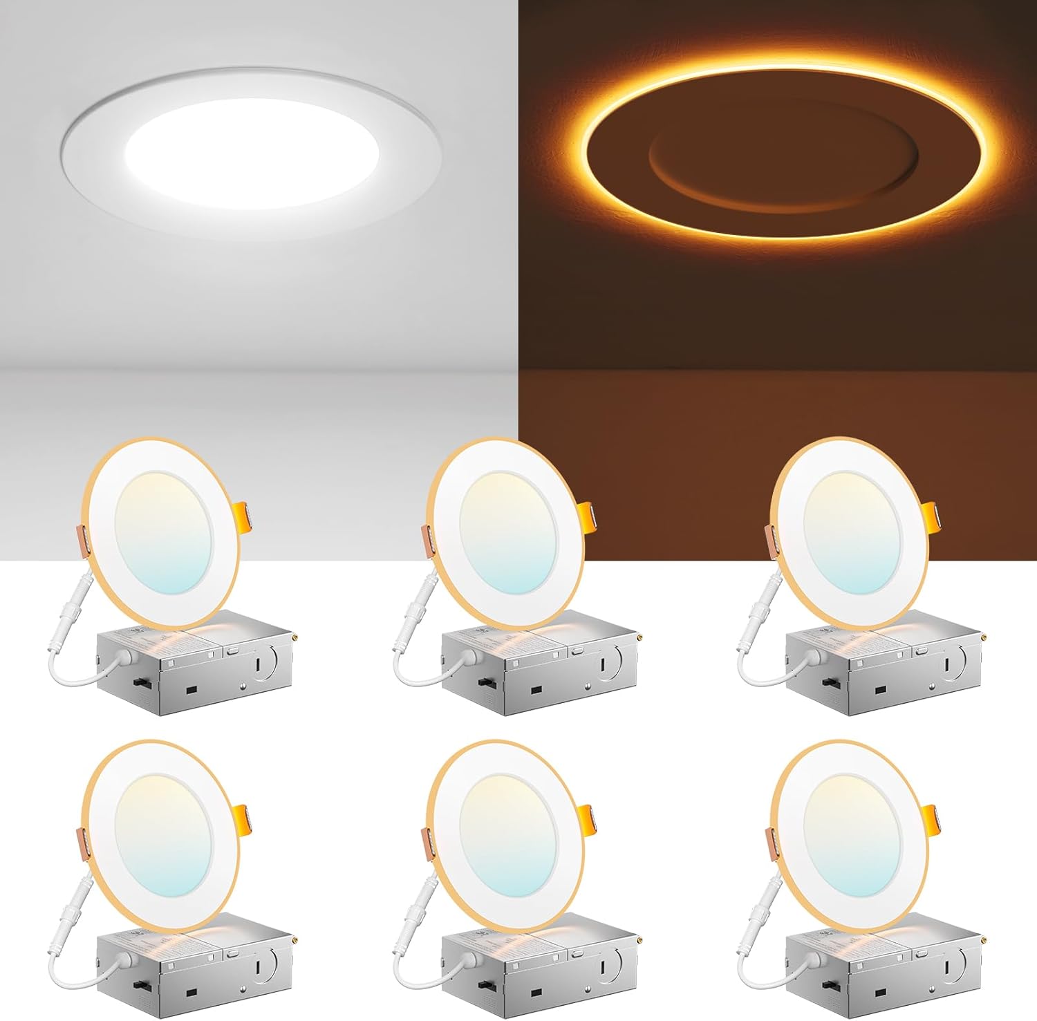 Amico  4 in 6 Pack Ultra Thin LED Recessed Ceiling Light with Night Light 5CCT Selectable Dimmable Canless Wafer Downlight IC Rated