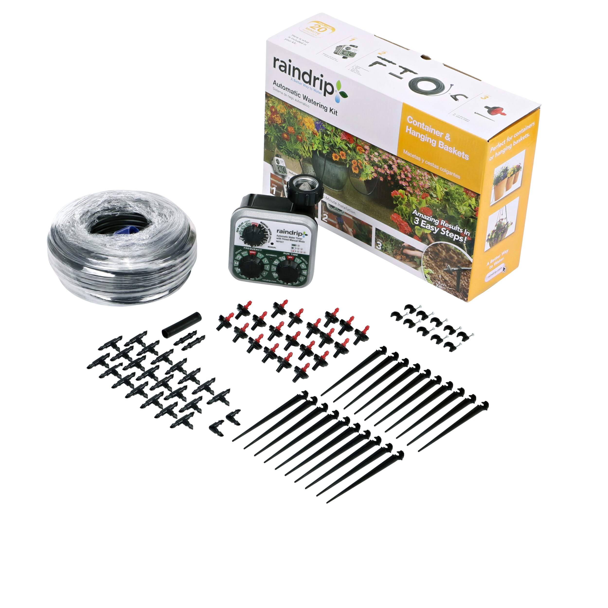 Raindrip Automatic Watering Kit with Timer for Containers and Hanging Baskets, Tubing Stakes, Fittings, Timer Included