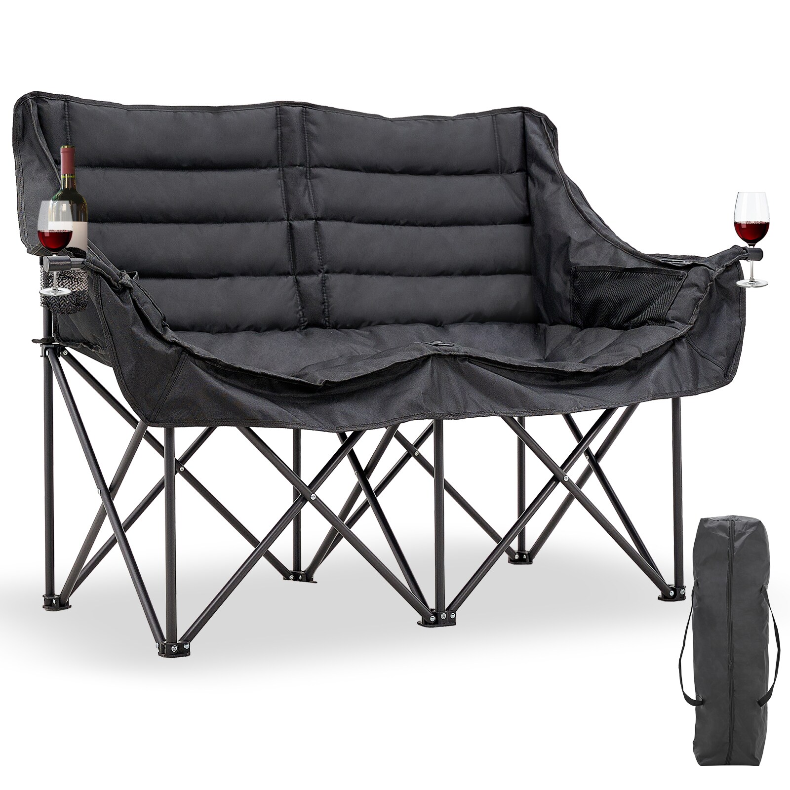 MOONCOOL  Double Camping Chair Oversized 2 Person Loveseat Heavy Duty Folding Chair with Cup Holder Supports 550 LBS for Outdoor Picnic Beach Travel Black