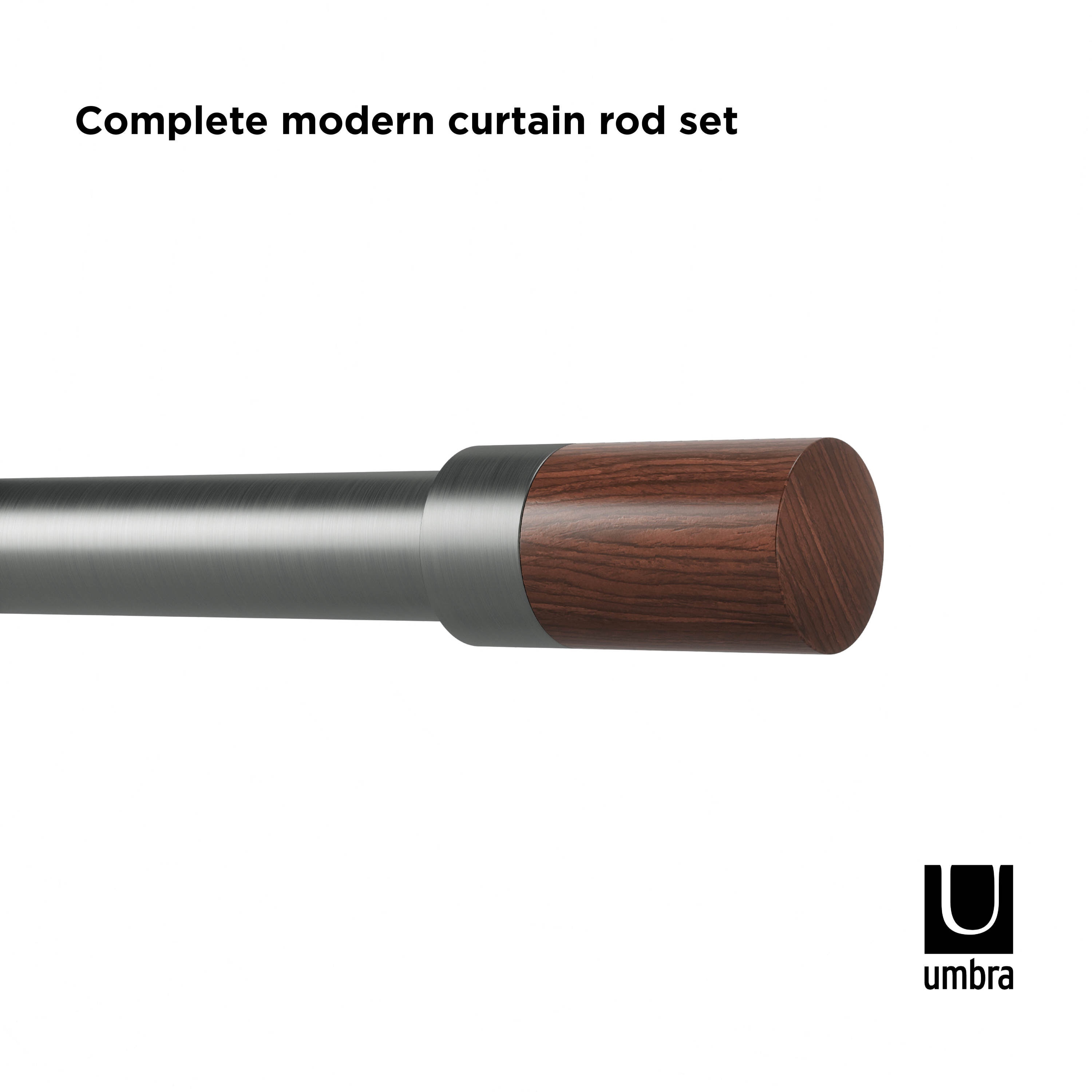 Gunmetal Adjustable Curtain Rod with Wooden Finials