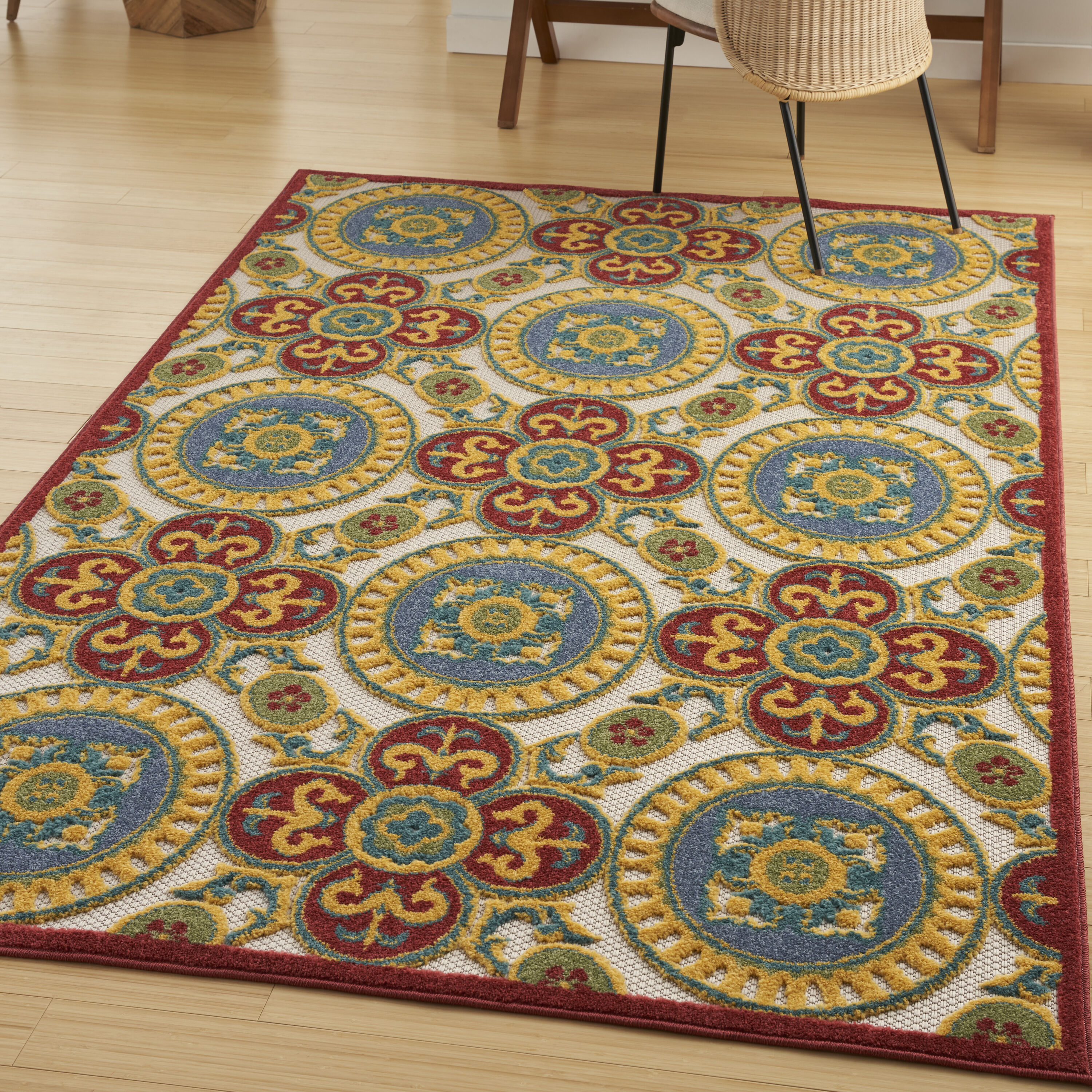 Nourison 099446168757 Aloha 5 x 8 (ft) Loomed Polypropylene Red/Multi Rectangular Indoor/Outdoor Medallion Tropical Area rug