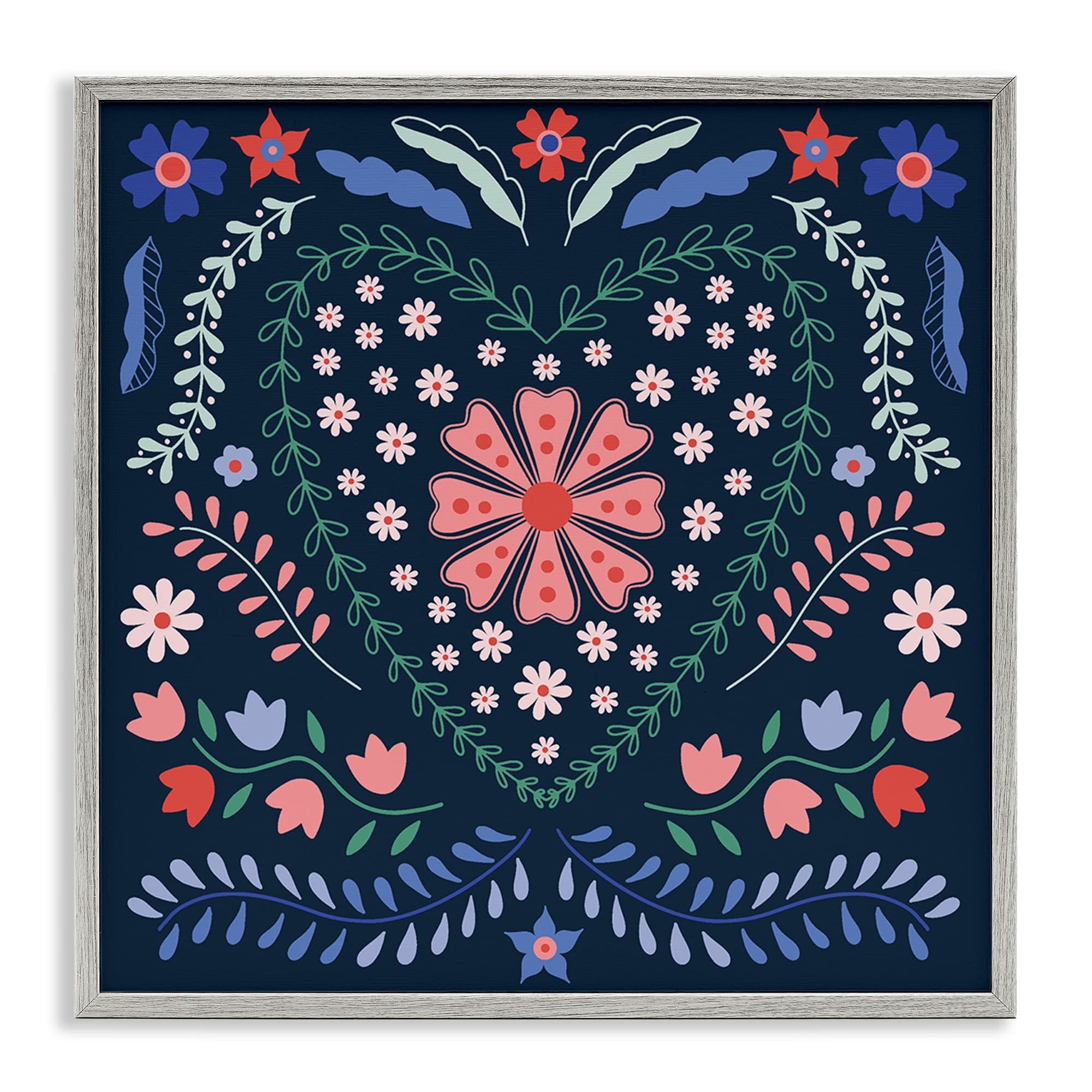 Stupell Industries BT-513-GFF-17X17 Folk Flowers in Heart Pattern Gray Framed Giclee Art By Sazerelli Designs 17 x 17