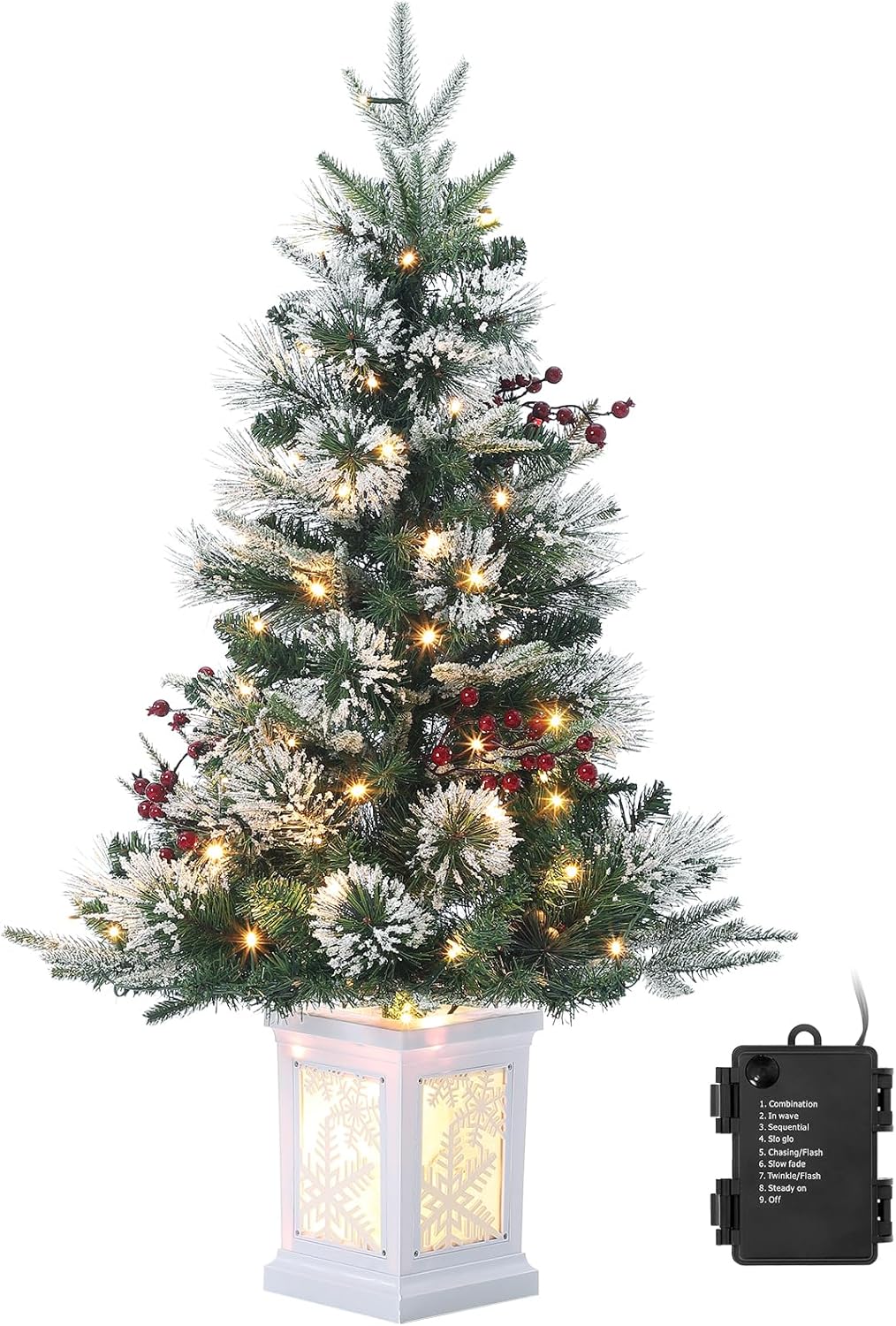 Qeetex LHF-SDS-QOP65050 3FT Pre Lit Fiber Optic Artificial Holiday Christmas Tree with 78 pcs Warm White Lights 8 Mode Snowflake White Base with Red Berries Mini Prelit Xmas Tree for for Home Office Party Decoration 1PC