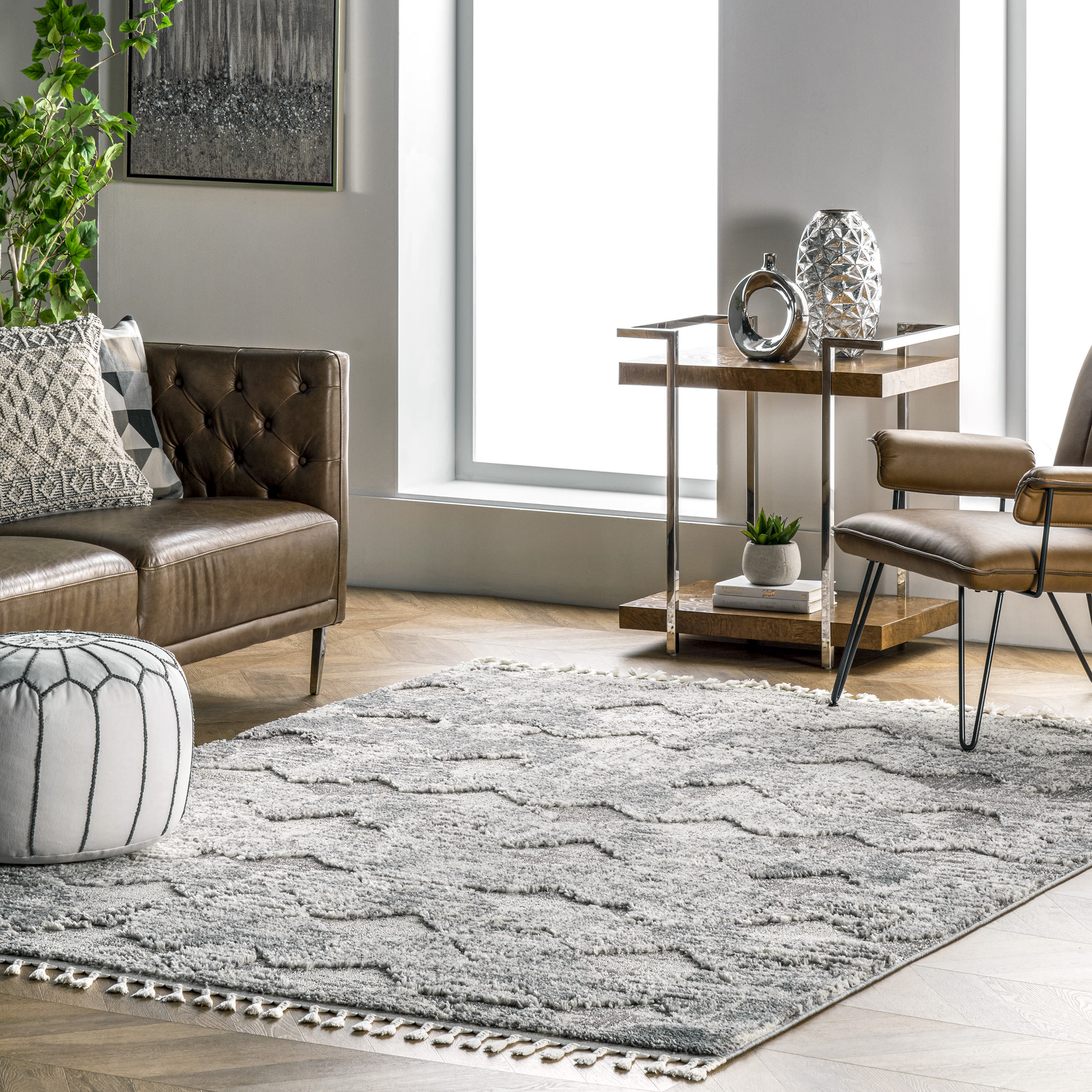 Light Grey Herringbone 9' x 12' Easy-Care Synthetic Rug