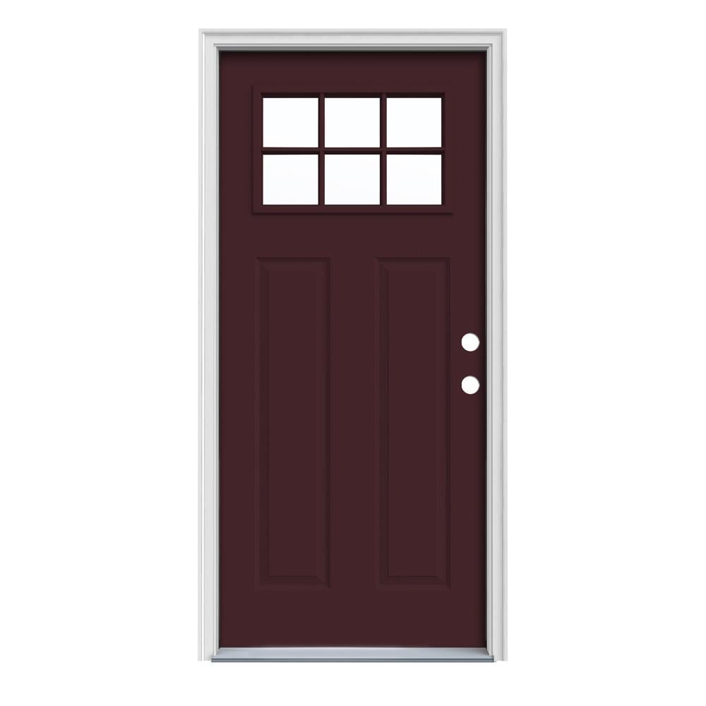 JELD-WEN LOWOLJW182500082 32-in x 80-in x 4-9/16-in Steel Craftsman Left-hand inswing Currant Painted Prehung Front Door with Brickmould Insulating core