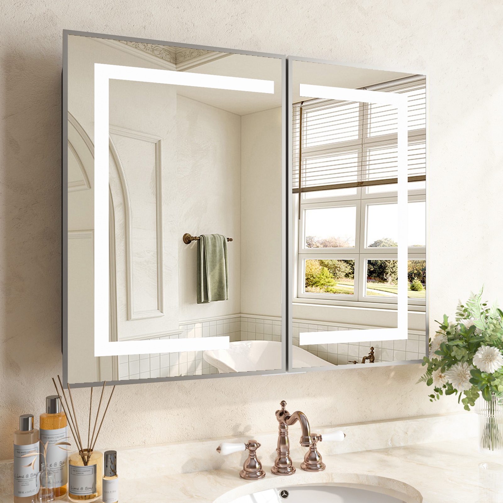LUXEYARD Lighted Medicine Cabinet with Mirror 36x30 Bathroom Mirror Cabinet with LED Lights and Storage Single Door Wall Mounted Bathroom Cabinet sliver