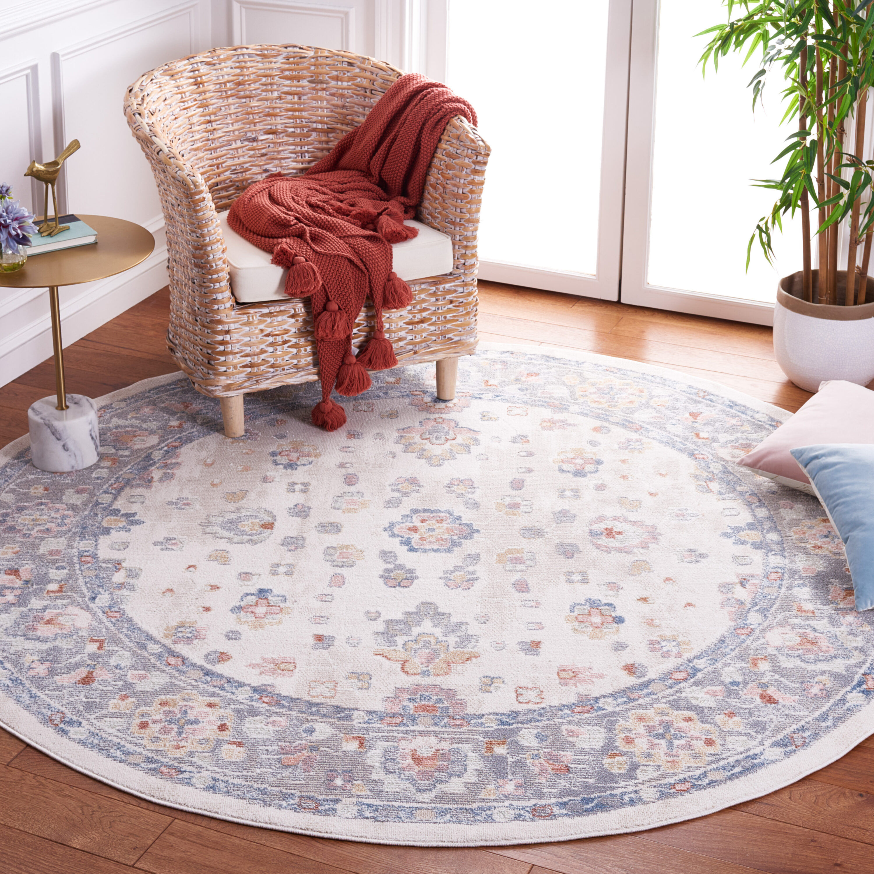 Safavieh BLR224B-7R Blair Washable 7 x 7 (ft) Polyester Beige/Gray Round Indoor Border Machine washable Area rug