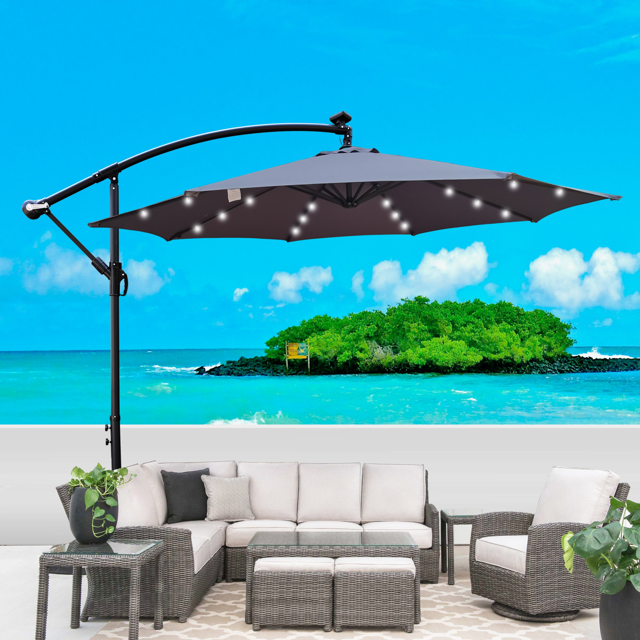 Cenadinz - Medium Grey 10 ft Outdoor Patio Umbrella Solar Powered LED Lighted Sun Shade Market Wa...