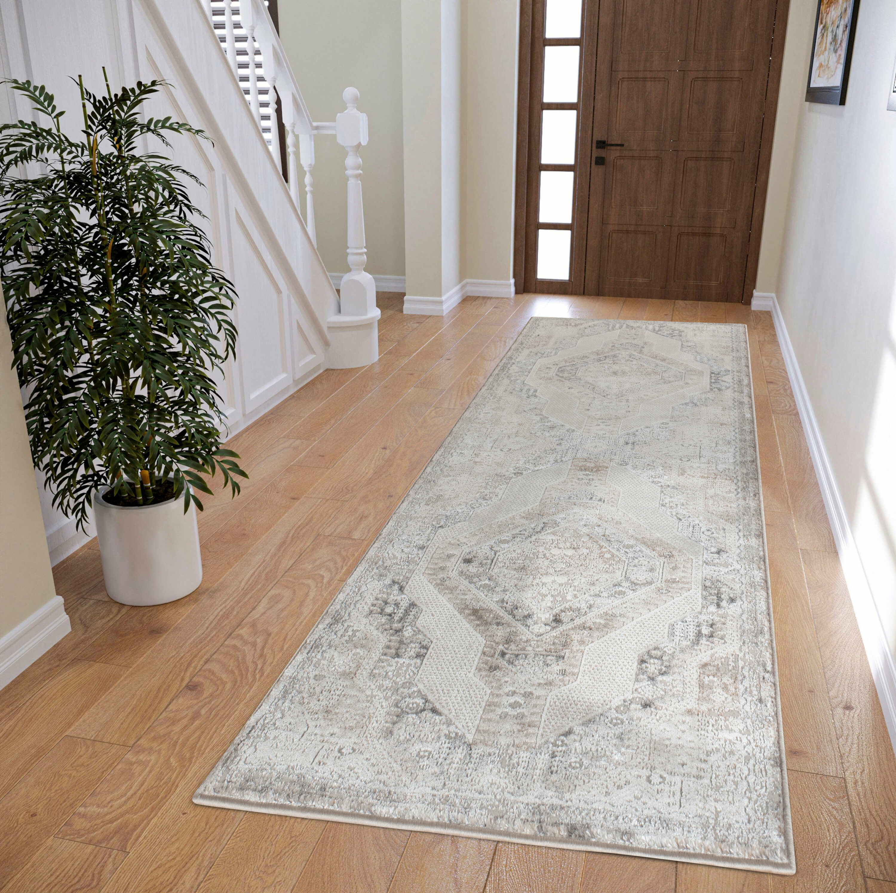 MDA Rugs OM0428 Omari 2 x 8 (ft) Polypropylene Cream/Gray Rectangular Indoor Medallion Area rug
