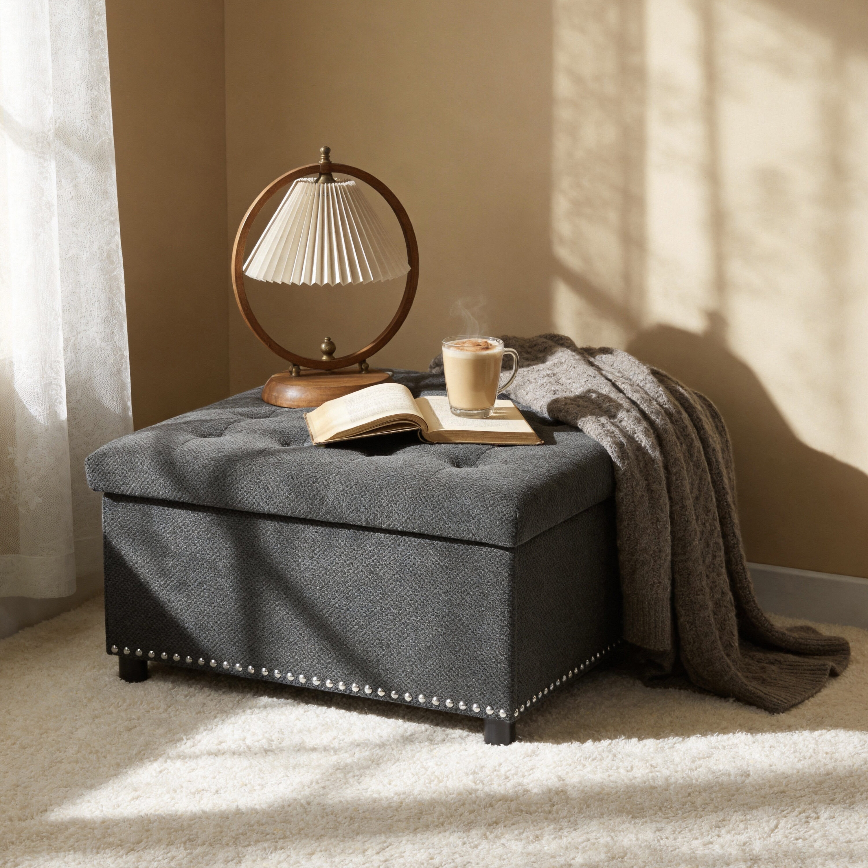 Aortzio Farmhouse DARK GREY Storage Ottoman