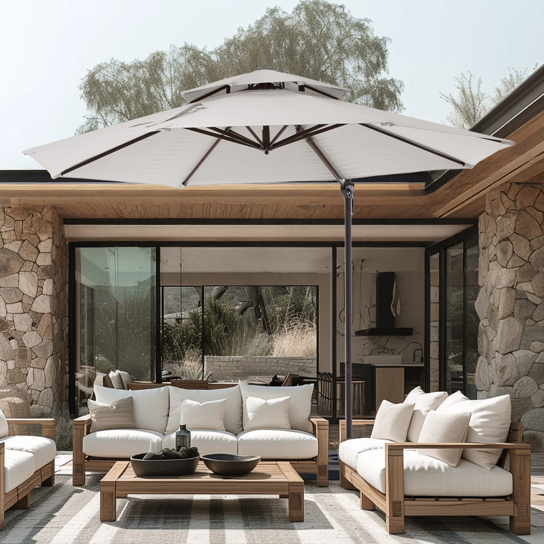 VOUA JE-LK11-BE+BASE 13-Feet Aluminum Off-white Crank Cantilever Patio Umbrella with Base