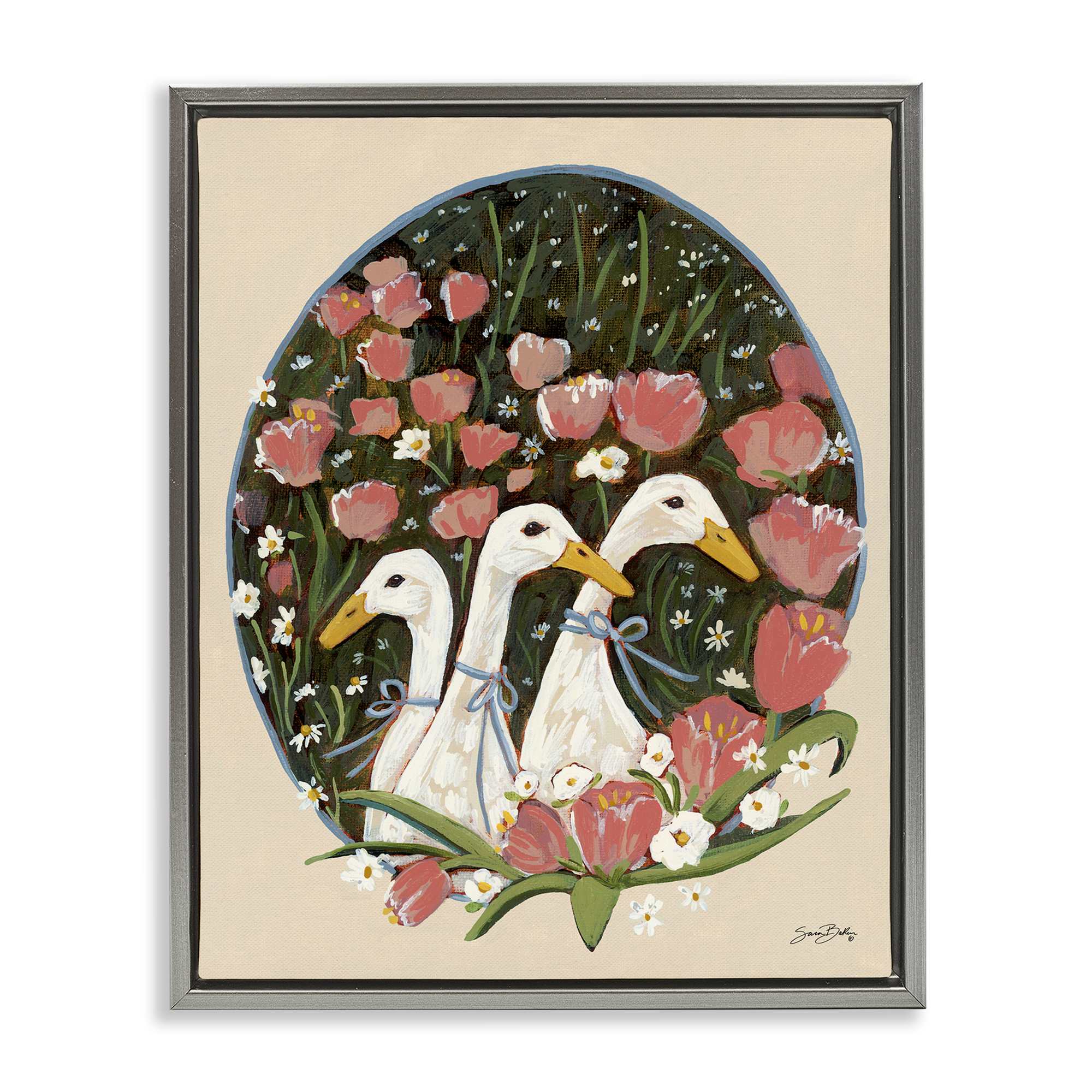 Stupell Industries BS-673-FFL-16X20 Ducks with Cottage Blooms Gray Framed Floater Canvas Wall Art By Sara Baker 17 x 21