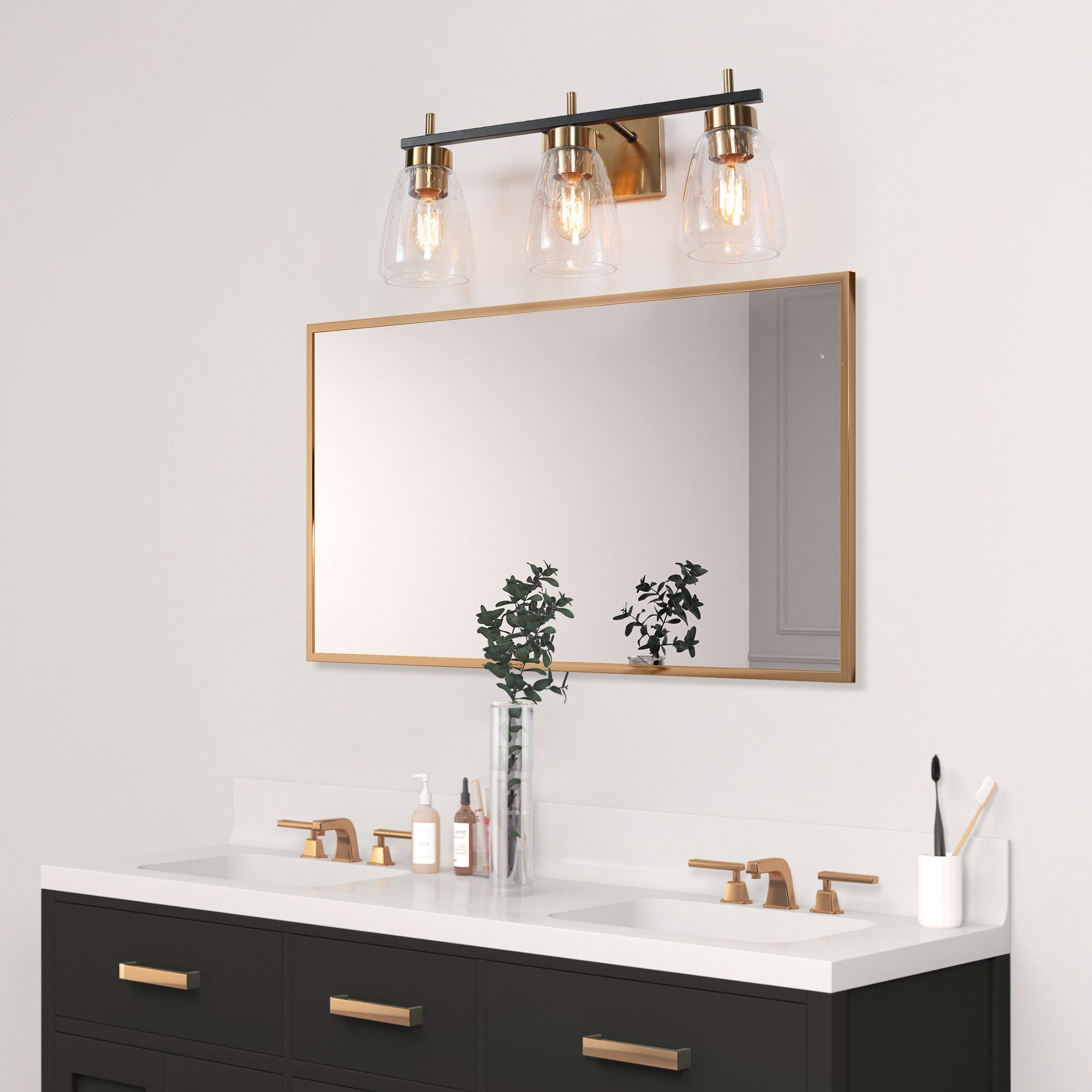 Uolfin 22-in 3-Light Matte Black and Gold with Seeded Bell Glass LED ...