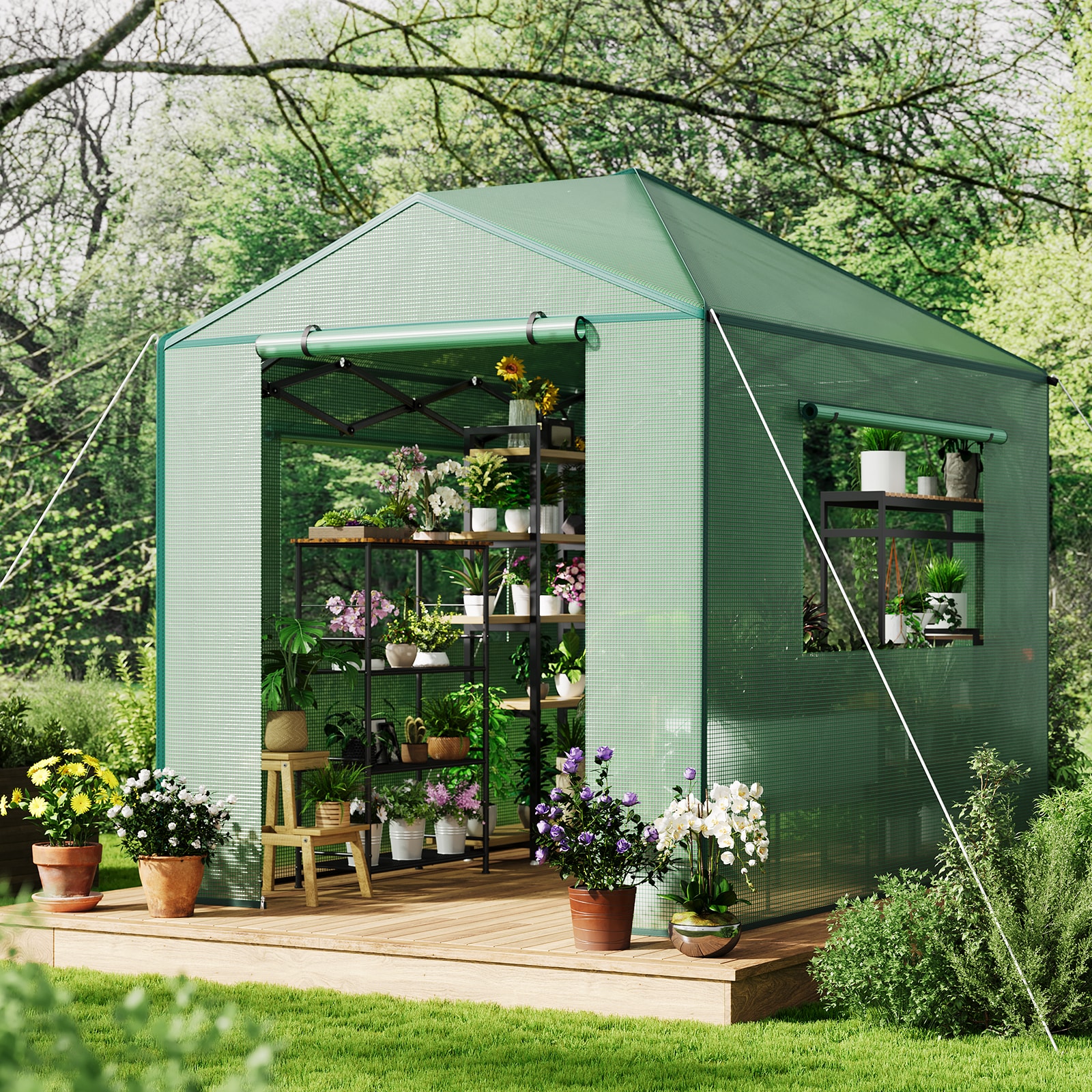 IdealHouse 6 x 8 ft Portable Walk-in Greenhouse Outdoor Gardening Green House with Ventilated Mesh Windows and Roll-Up Zippered Doors Reinforced Metal Frame Plant Greenhouse Canopy Tent Easy to Assemble Green