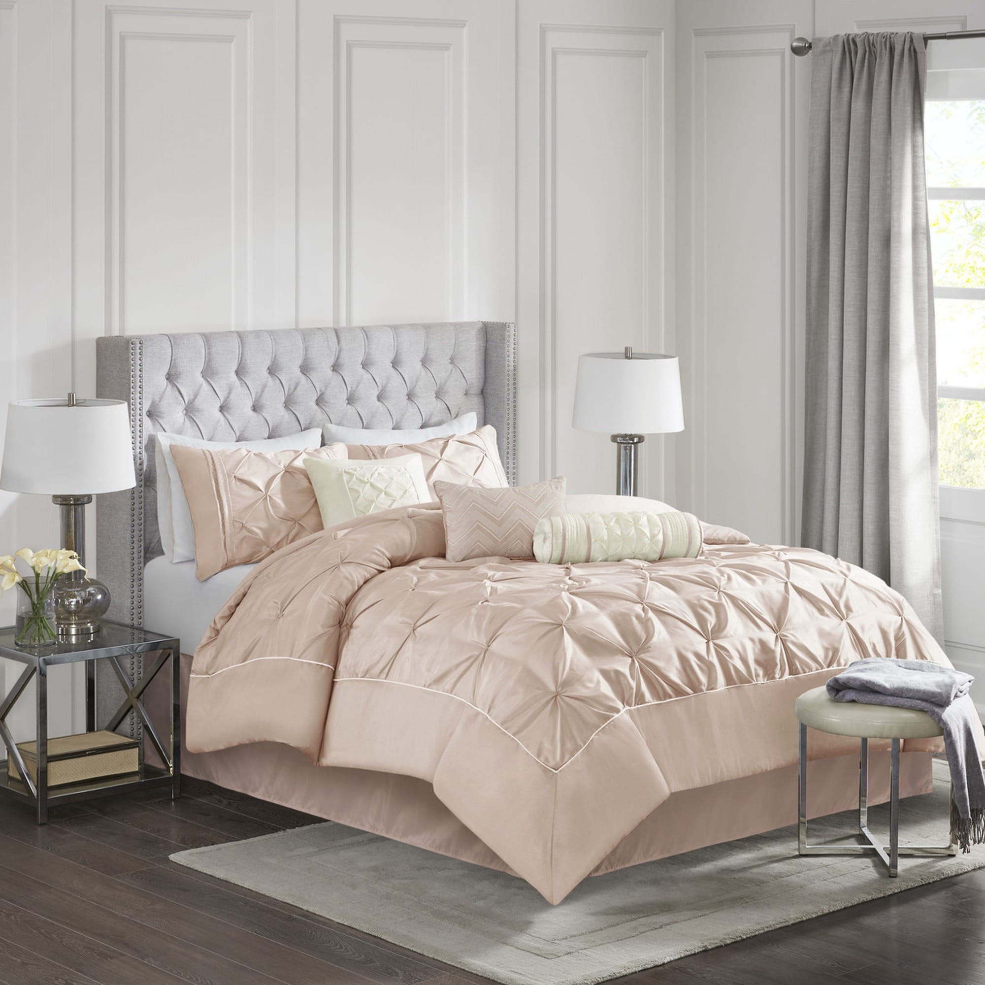 HyperDrop Cart Full Blush Grade A 7-Piece Tufted Comforter Set - Heavy-Duty Washable Construction For Guest Room