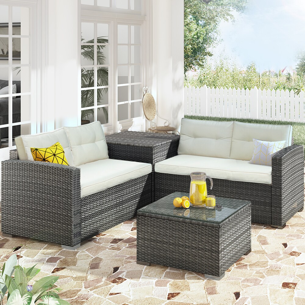 Topcraft PJTC15BE Patio Conversation Sets 4 -Piece Wicker Patio Conversation Set with Off-white Cushions