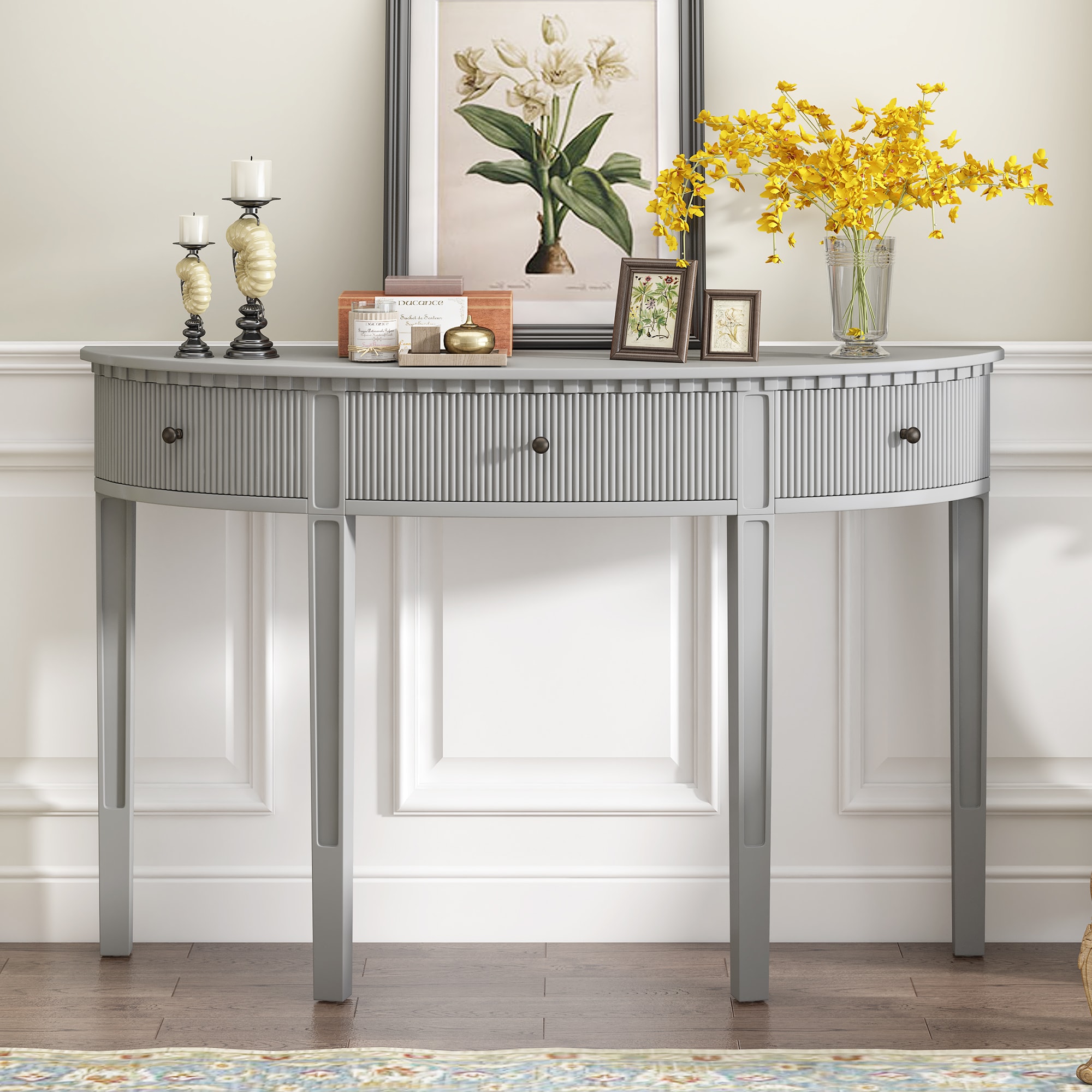 ModernLuxe N711P173099G UStyle Distinctive Features of Pine Veneer Console Table with Vertical Stripe Drawer Fronts and Four Legs