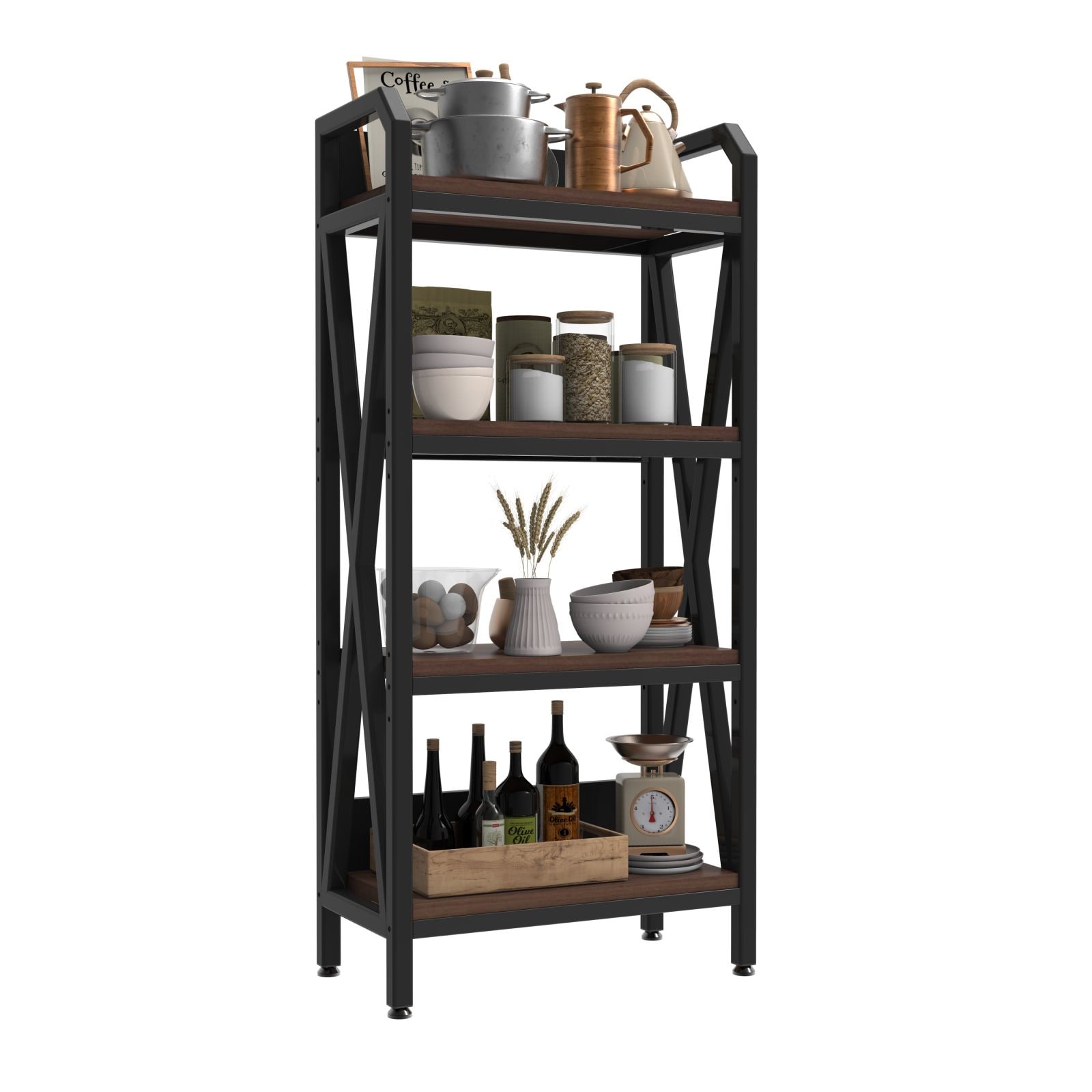 GlasFlength  Utility Storage shelf 4 Tier Metal and Wood Shelving Unit Vertical Organizer Storage Solution for Kitchen Pantry Bathroom Black
