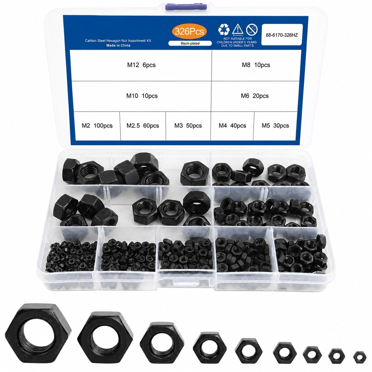 ITOPFOX  326 Piece Metric Black Hex Nuts Assortment Kit M2 M2.5 M3 M4 M5 M6 M8 M10 M12 Carbon Steel Hardware Nuts Set 9 Sizes