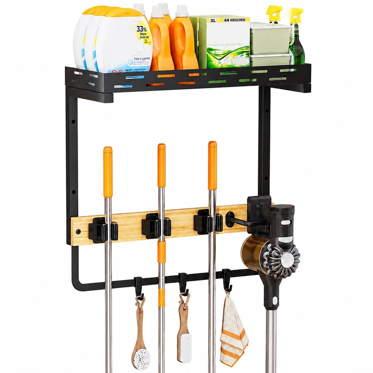 Phyfalip  Broom Holder Wall Mount with Shelf Small Mop Tool Organizer for Cleaning Supplies Storage durable home and garden accessory designed
