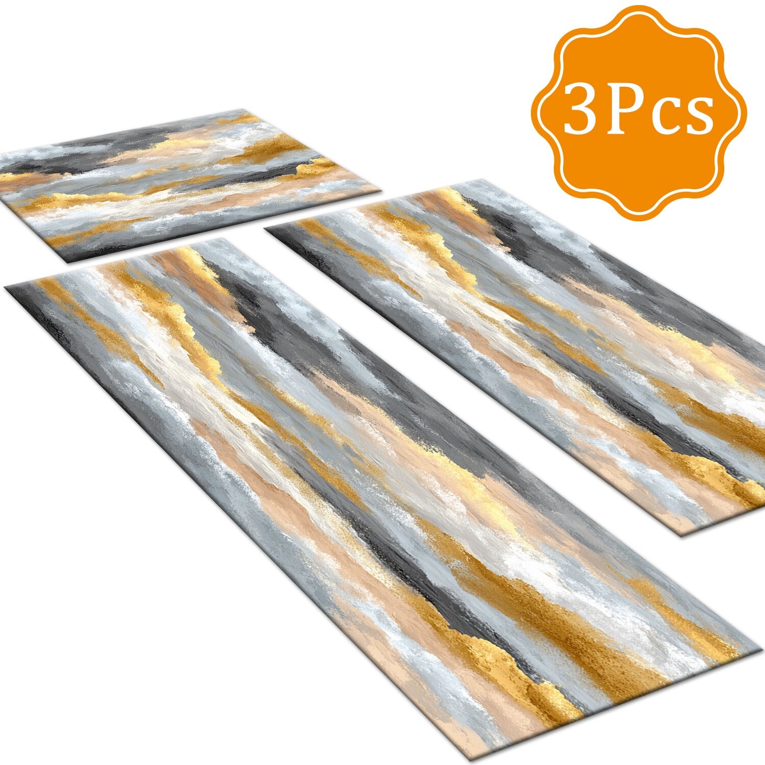 Gloweer 3-Piece Indoor Rug Set Non-Slip Washable Runner Mats Soft Floor Mats for Kitchen Laundry Hallway and Entryway 20x32in 20x47in 20x60in Gold Grey Flowing Stripe