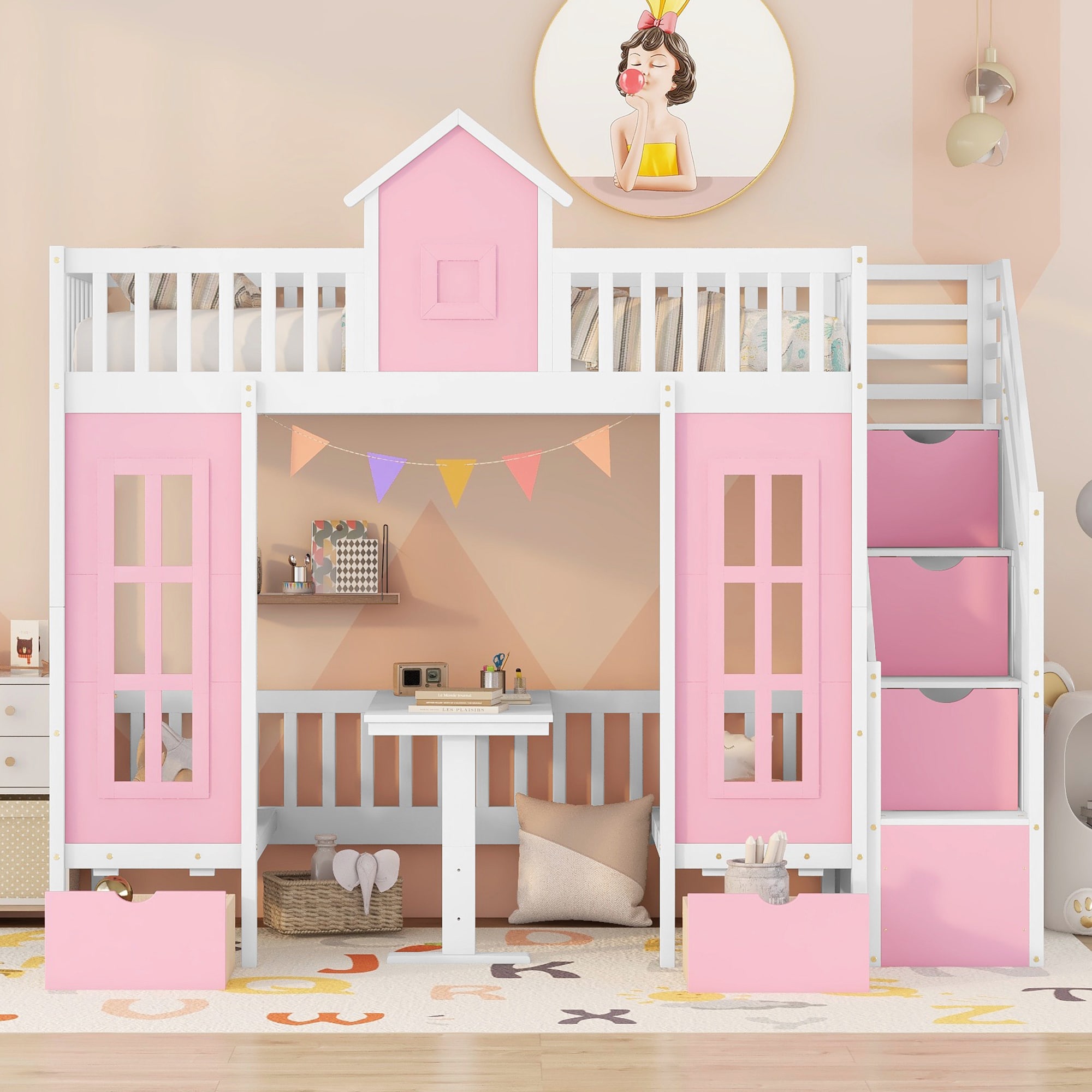 ModernLuxe LT000681AAH-1 TwinOverTwin Bunk Bed with Changeable Table Bunk Bed Turn into Upper Bed and Down Desk Pink