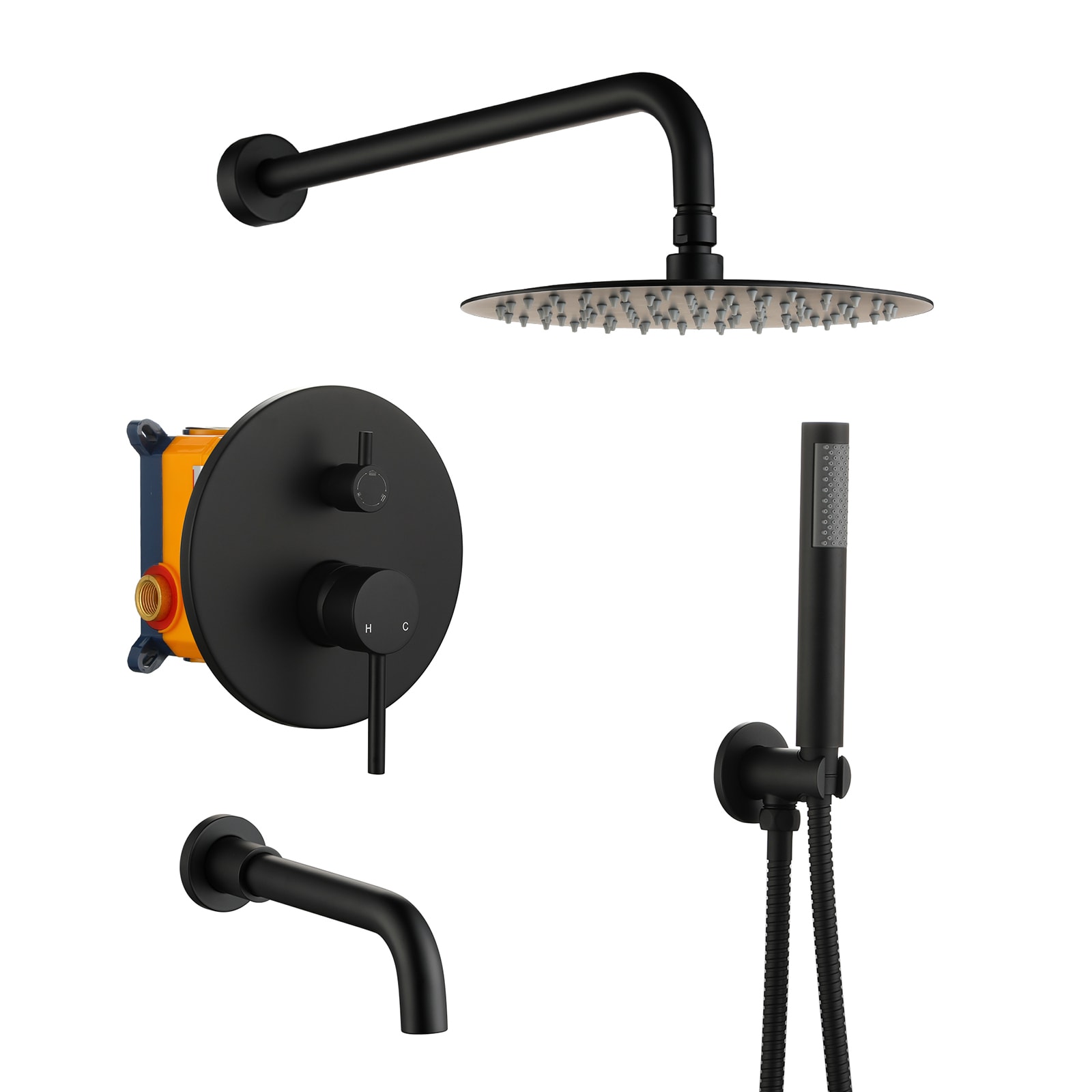Mondawe AM-S0082C-10MB Matte Black 10-in Built-In Shower Faucet System with 3-way Diverter ( Pressure-balanced Valve Included )