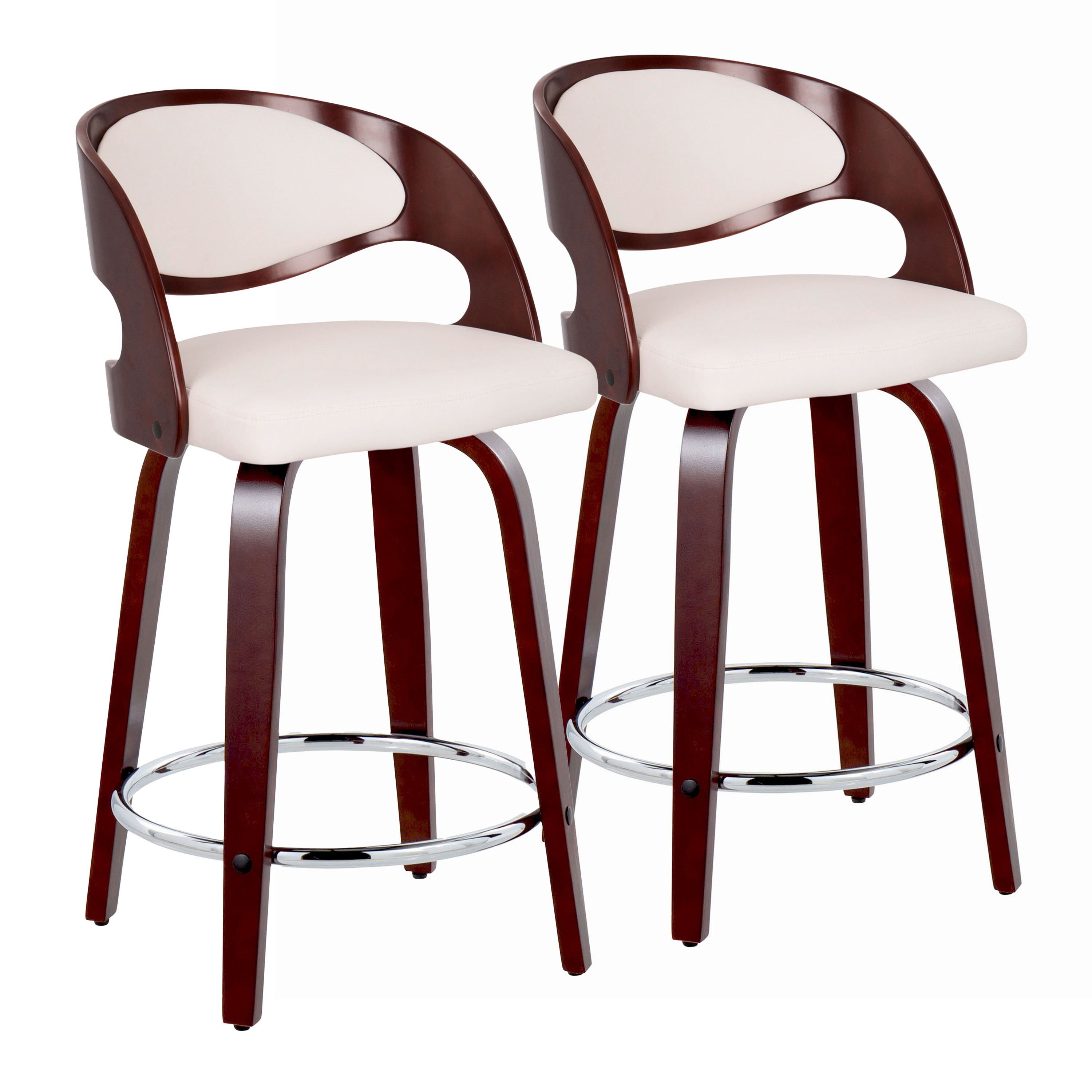Blisstyle 24 Inch Mid Century Modern Fixed Height Counter Stool with Swivel in Cherry Wood and White Faux Leather with Round Chrome Metal Footrest
