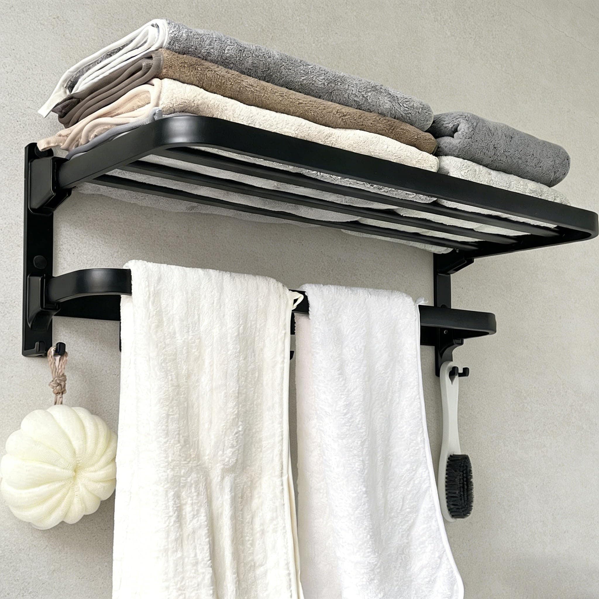 Etokfoks black wall mounted aluminum towel rack shelf with foldable ...