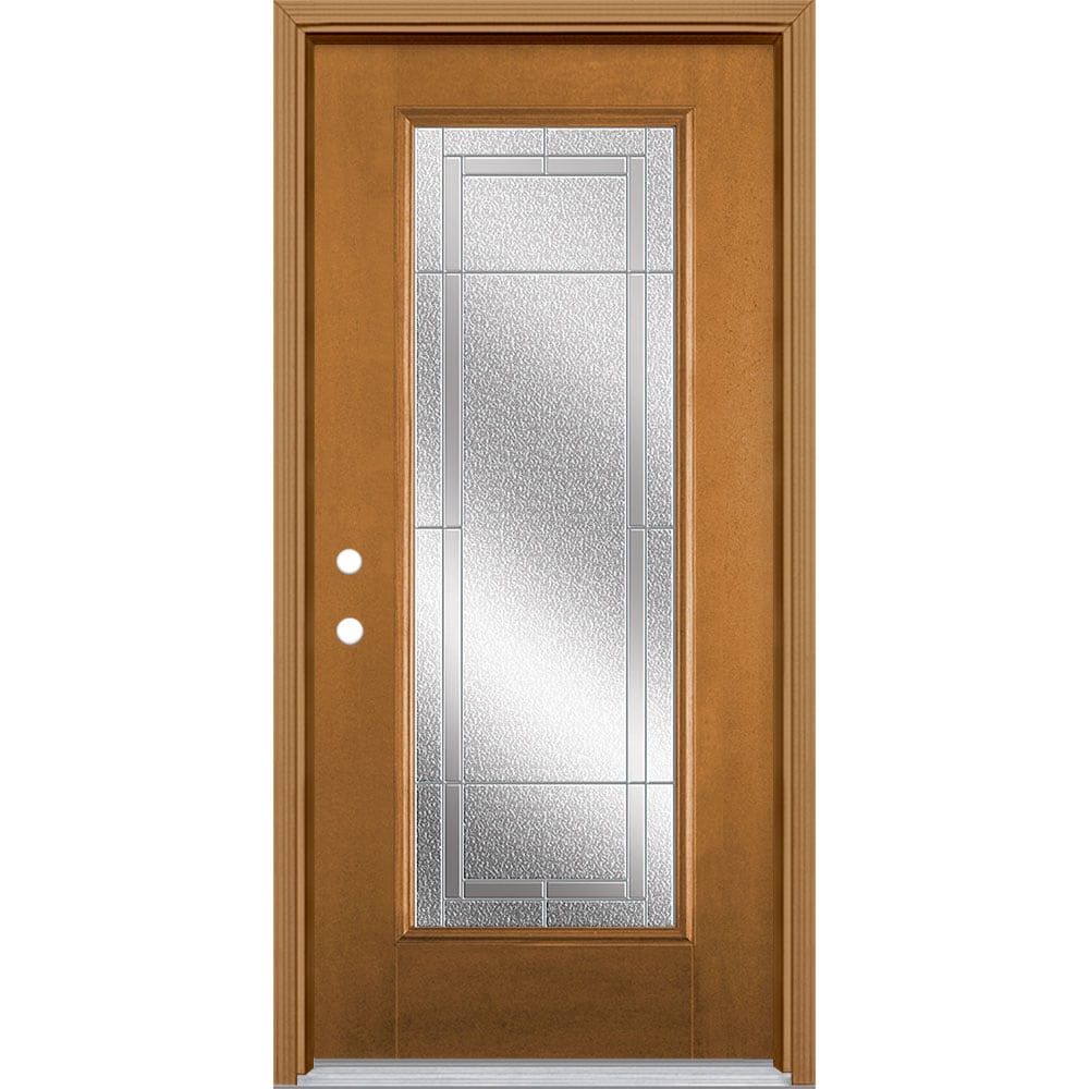 Masonite 3419832 Focus 36-in x 80-in x 4-9/16-in Fiberglass Craftsman Right-hand inswing Oakcrest Stained Prehung Front Door with Brickmould Insulating core