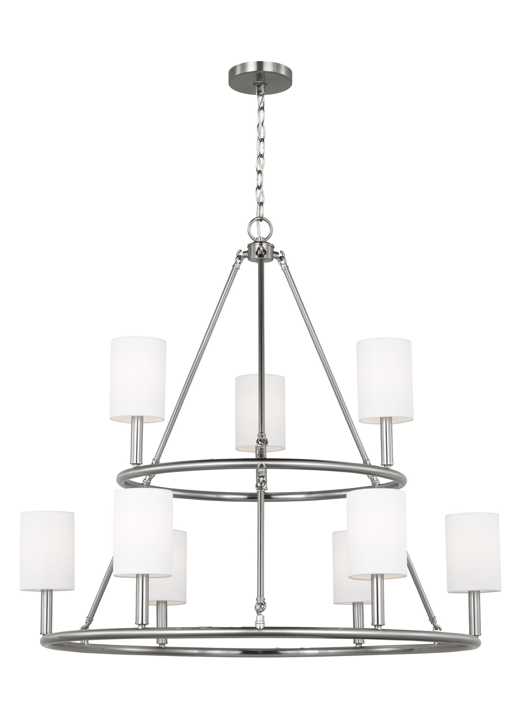 Egmont Brushed Steel 9-Light Chandelier with White Linen Shades