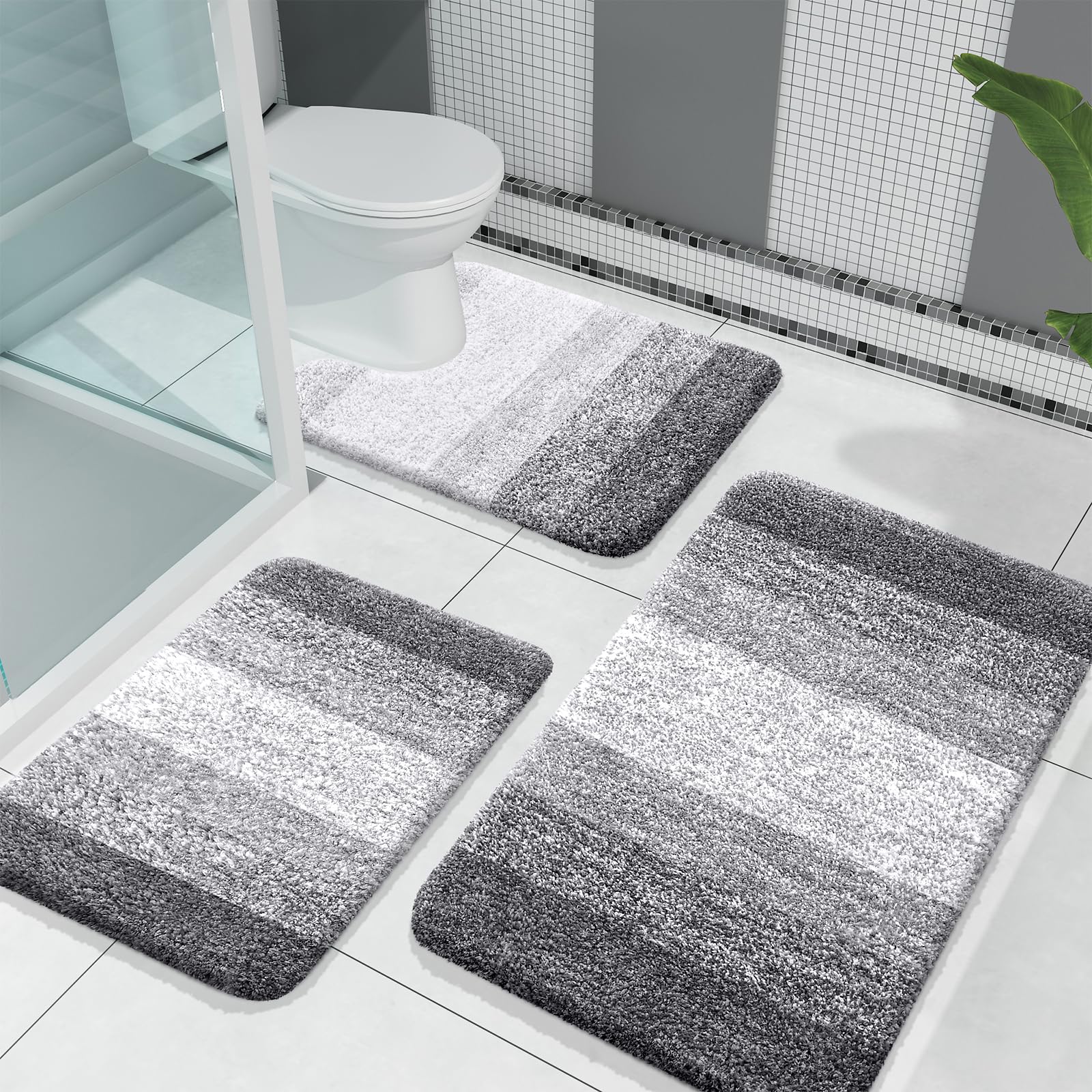 PUPWE Microfiber Bathroom Rug Set Ultra Absorbent Soft Plush Non Slip Machine Washable Decor 3 piece