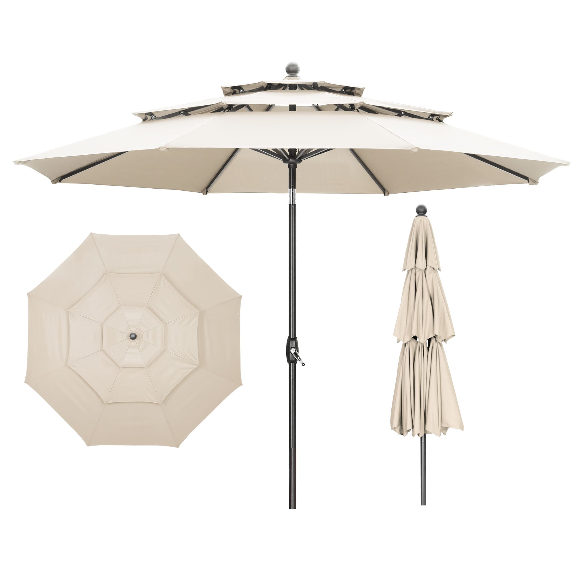 black and white patio umbrellas White patio umbrellas with black trim in a garden with patio furniture