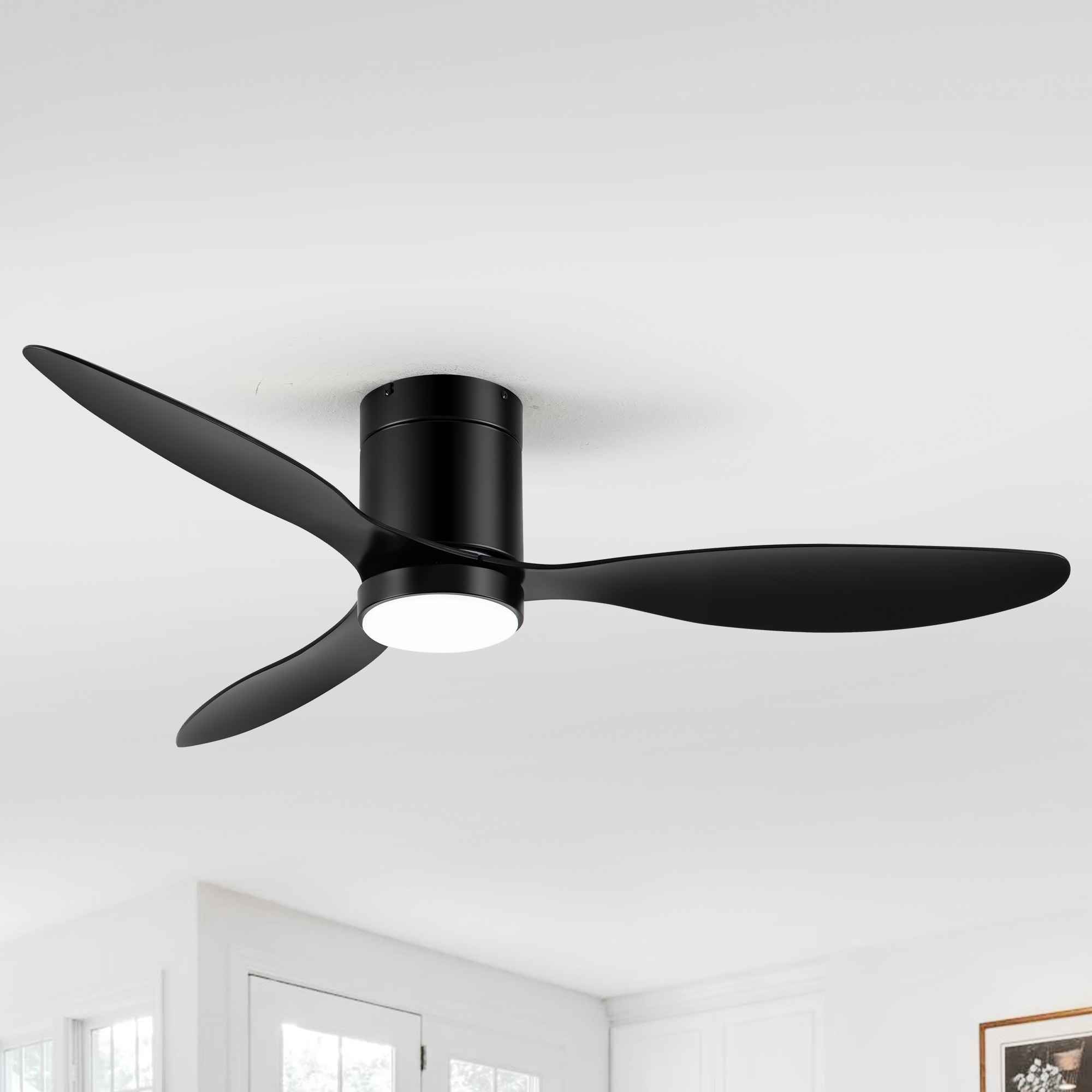 Breezary 30028-AB 52-in Color-Changing Integrated LED Flush Mount Matte Black with Black Blades Propeller Ceiling Fan With Light - Remote Included ( 3 -Blade )