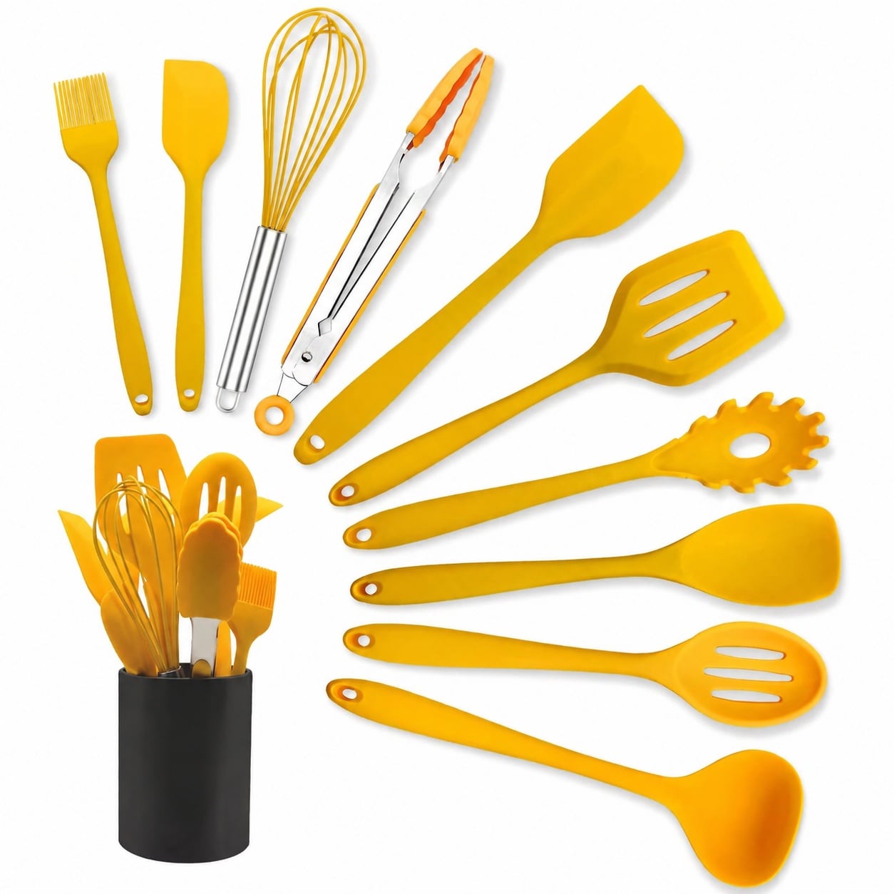 Aoibox  11 Piece Yellow Silicone Kitchen Utensil Set with Iron Holder Non Stick BPA Free Cooking and Baking Tools
