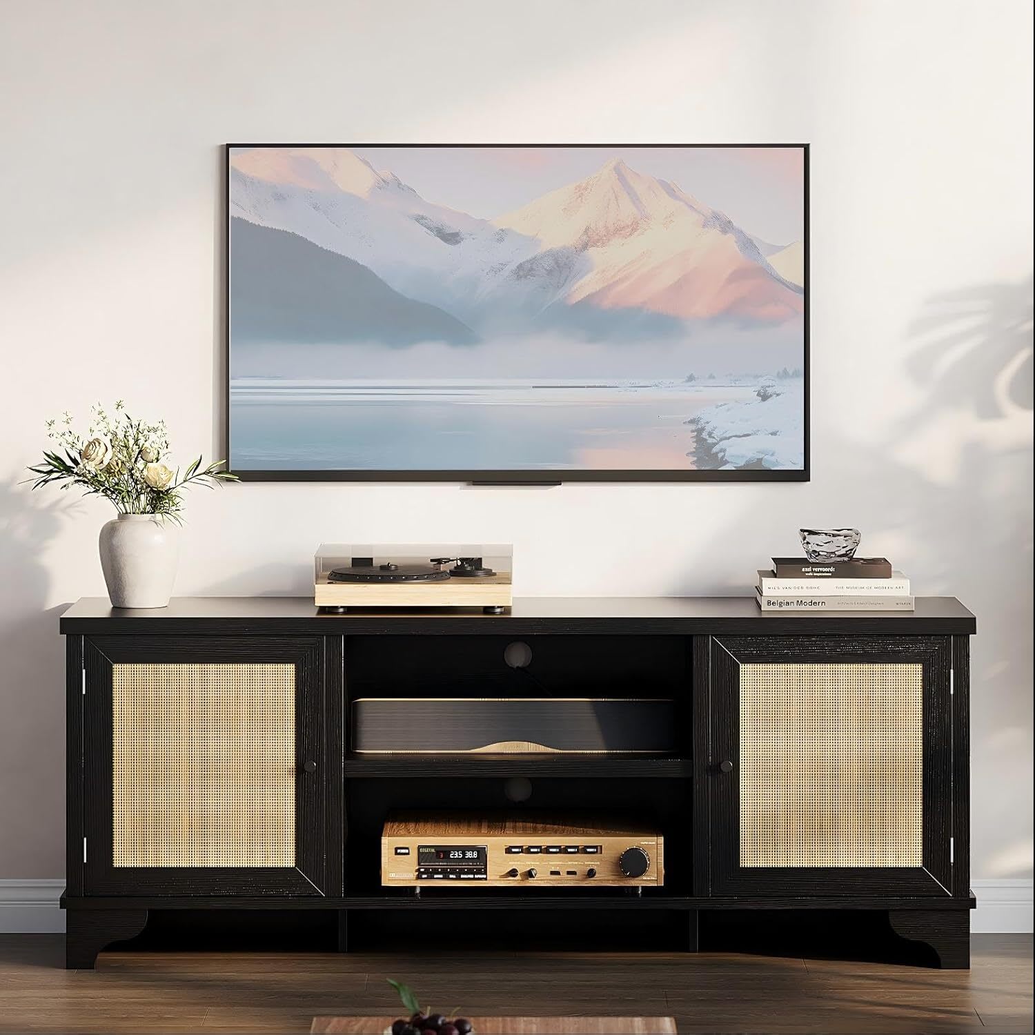 Qeetex GGL-PHK-33UCU6AR Bohemian TV Stand for 70 Inch TVs Media Console with 2 Door Cabinets and Open Shelves Rattan Entertainment Center for Living Room Black