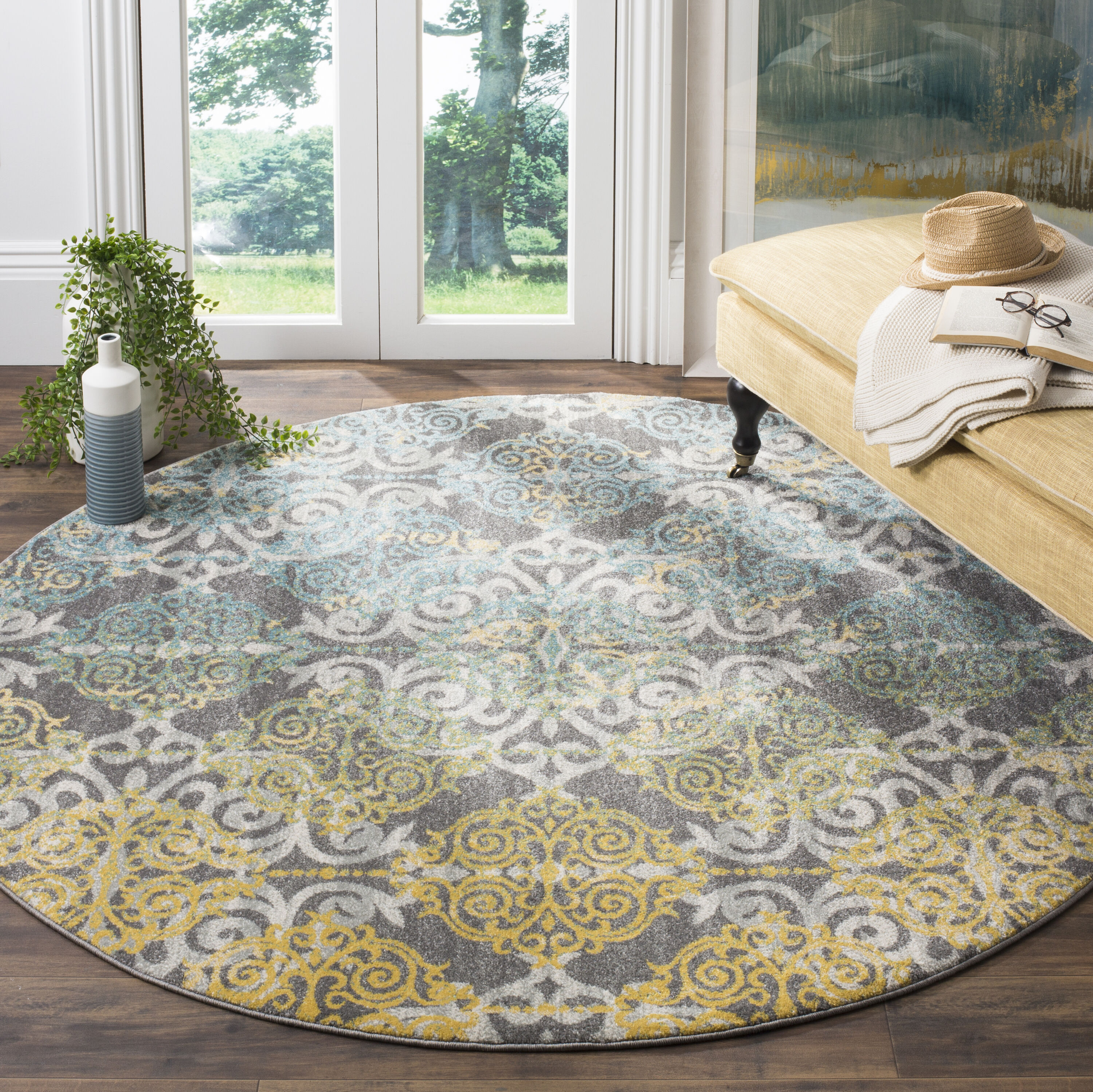 SAFAVIEH Evoke Pavel Floral Flowers Area Rug, Grey/Gold, 6'7 x 6