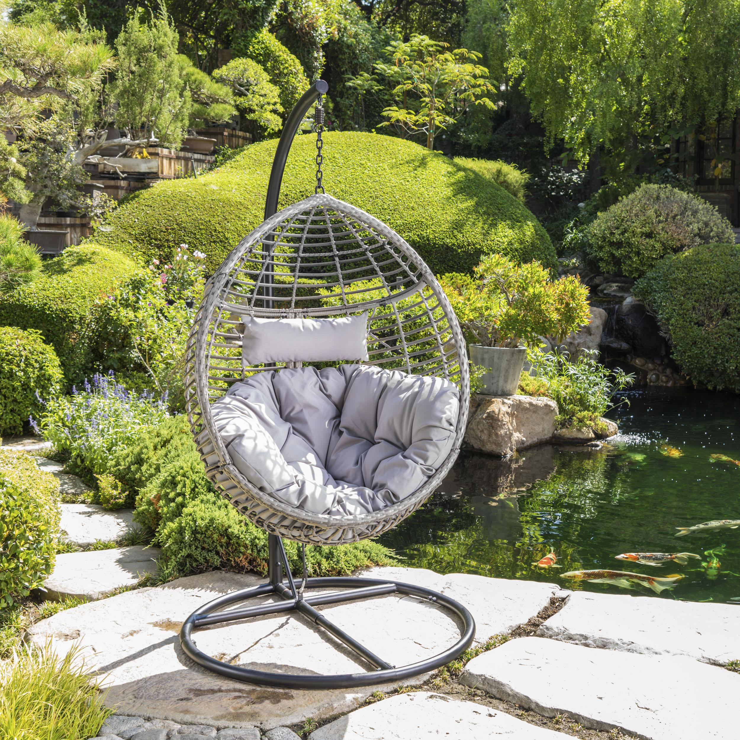 Gray Wicker Hanging Hammock Chair with Cushions